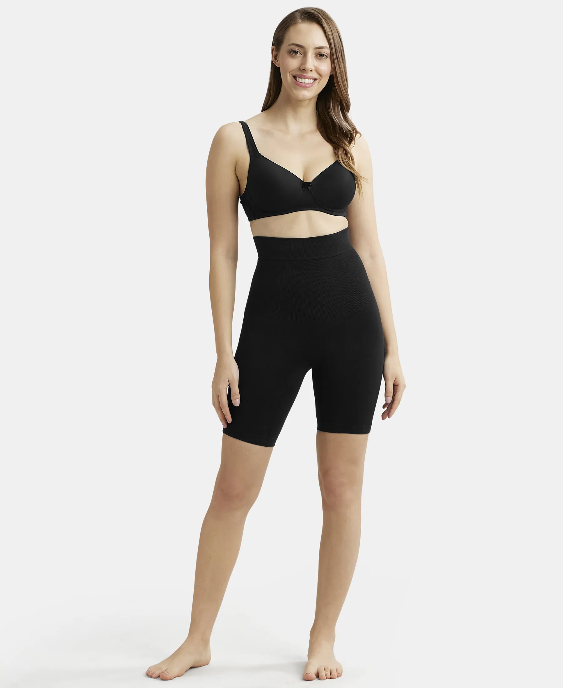 High Waist Cotton Rich Elastane Stretch Seamfree Shorts Shapewear with Breathable Inner Thigh Panel - Black - Image 4