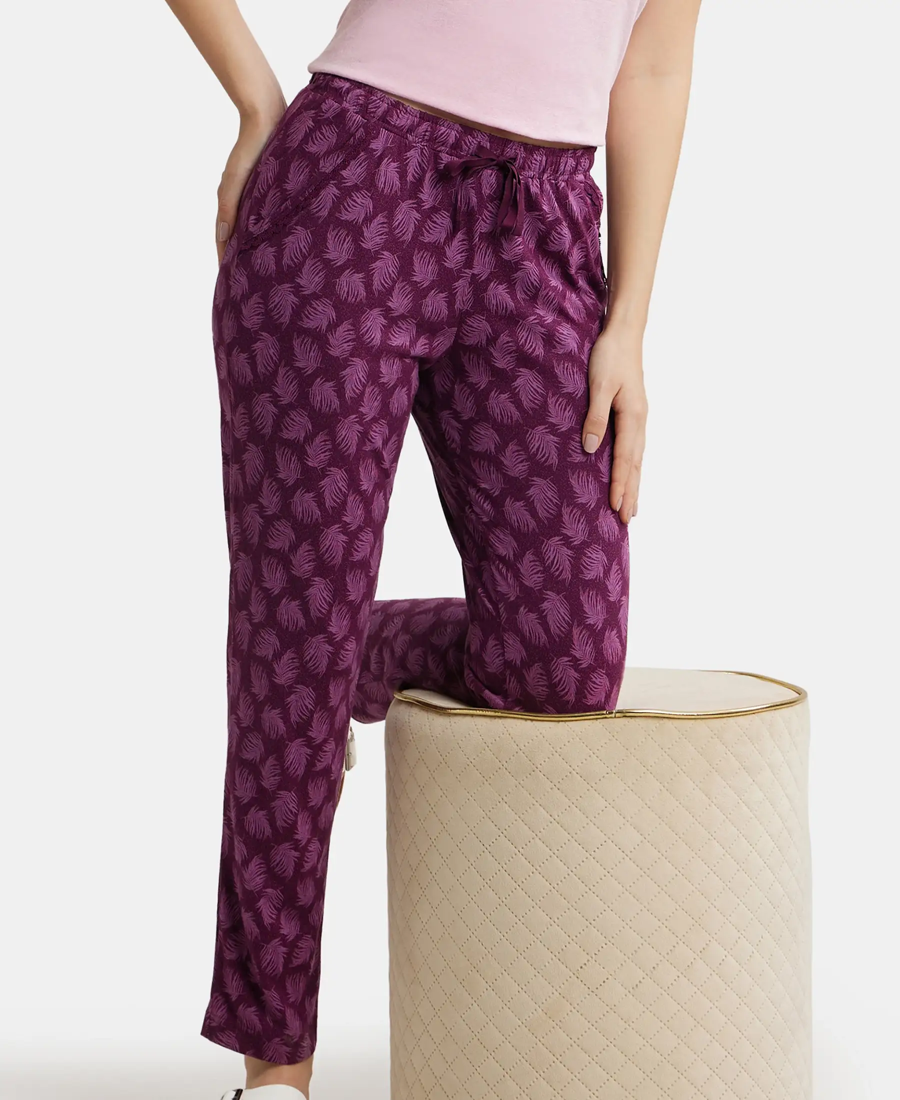 Micro Modal Cotton Relaxed Fit Printed Pyjama with Side Pockets - Purple Wine Assorted Prints - Image 5