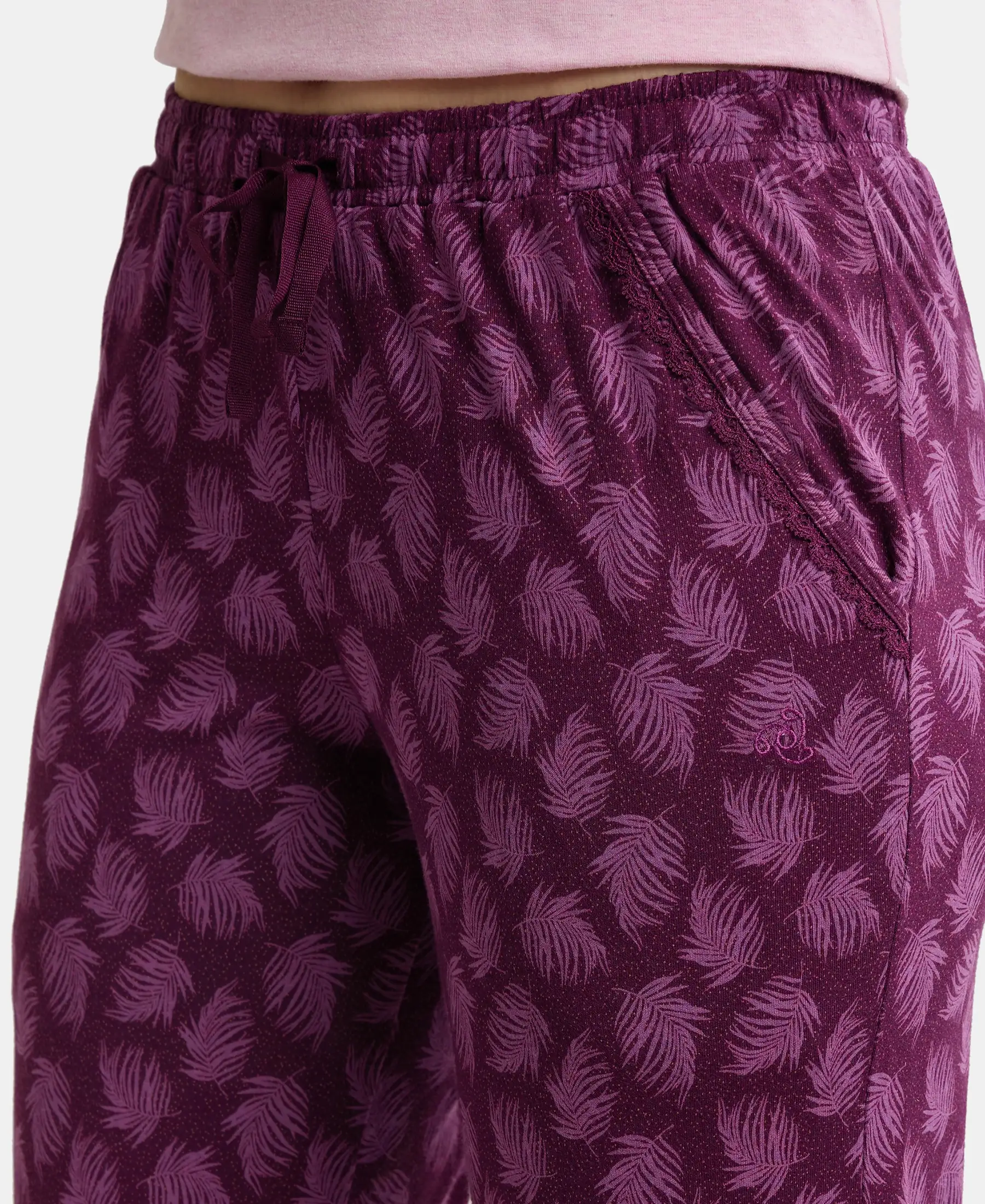 Micro Modal Cotton Relaxed Fit Printed Pyjama with Side Pockets - Purple Wine Assorted Prints - Image 6