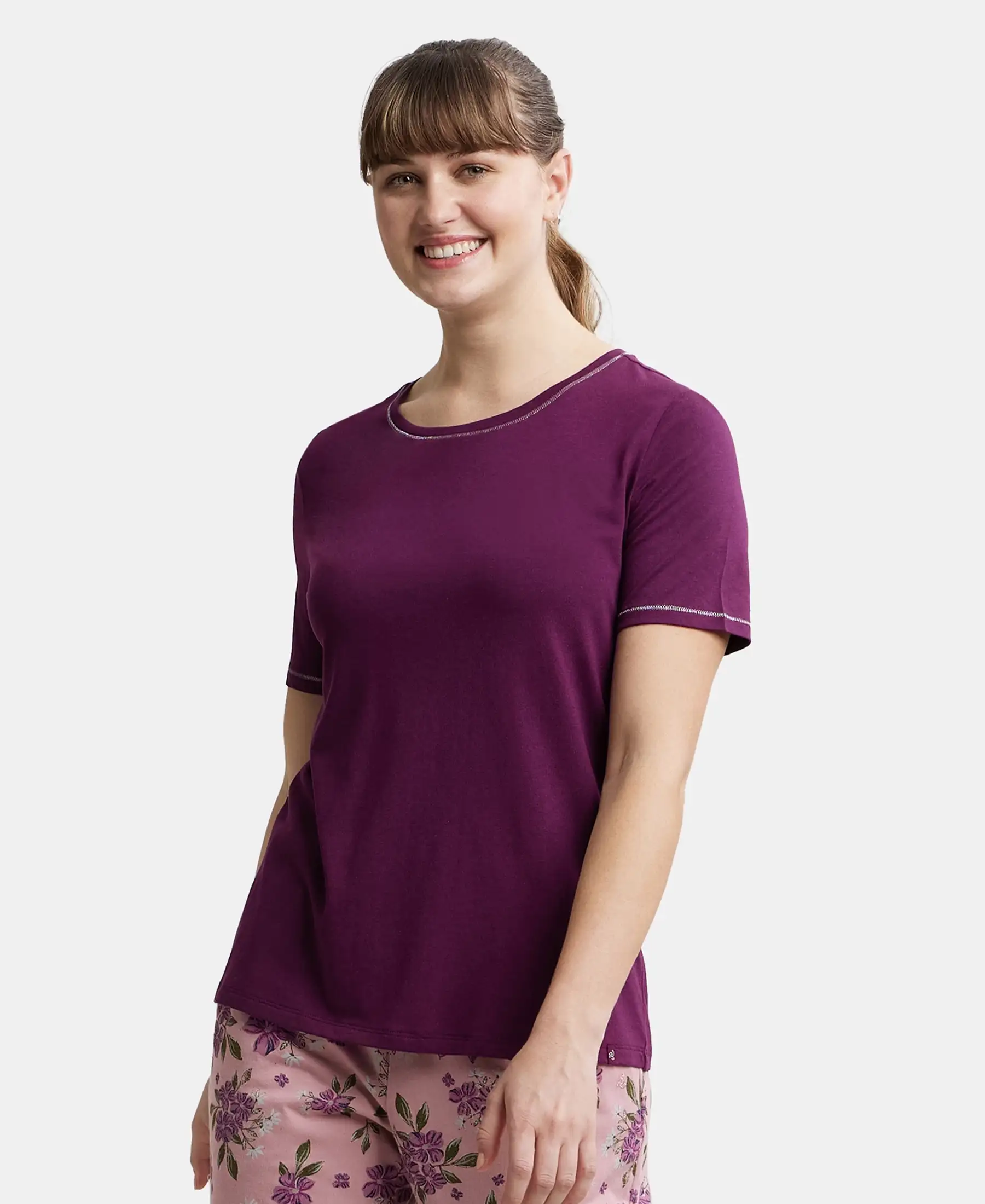 Micro Modal Cotton Relaxed Fit Round neck Half Sleeve T-Shirt - Purple Wine - Image 5