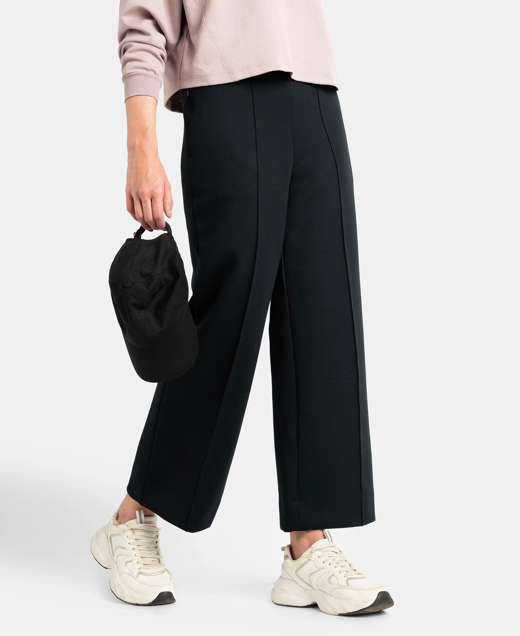 Microfiber Cotton Blend Elastane Stretch Relaxed Fit Wide Leg Pants with Zipper Pockets - Black - Image 5