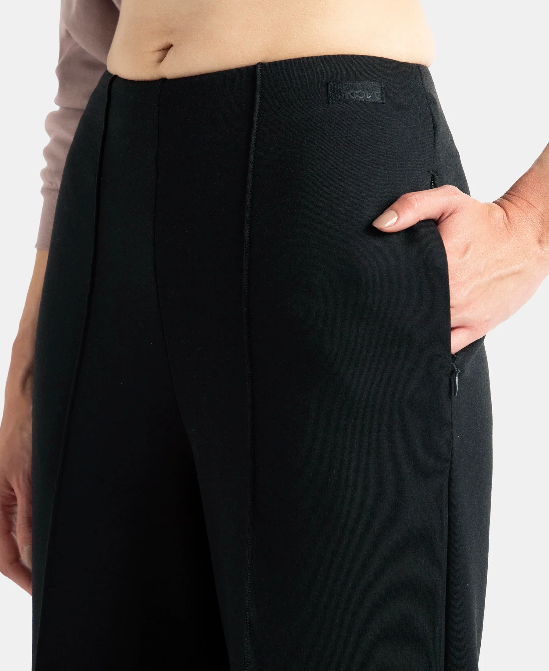 Microfiber Cotton Blend Elastane Stretch Relaxed Fit Wide Leg Pants with Zipper Pockets - Black - Image 7