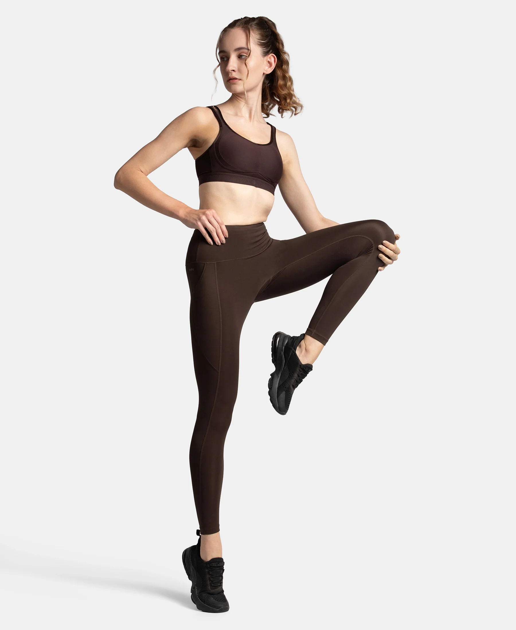 Microfiber Elastane Stretch Performance 7/8th Leggings with Broadwaistband & Back Pocket - Coffee - Image 4