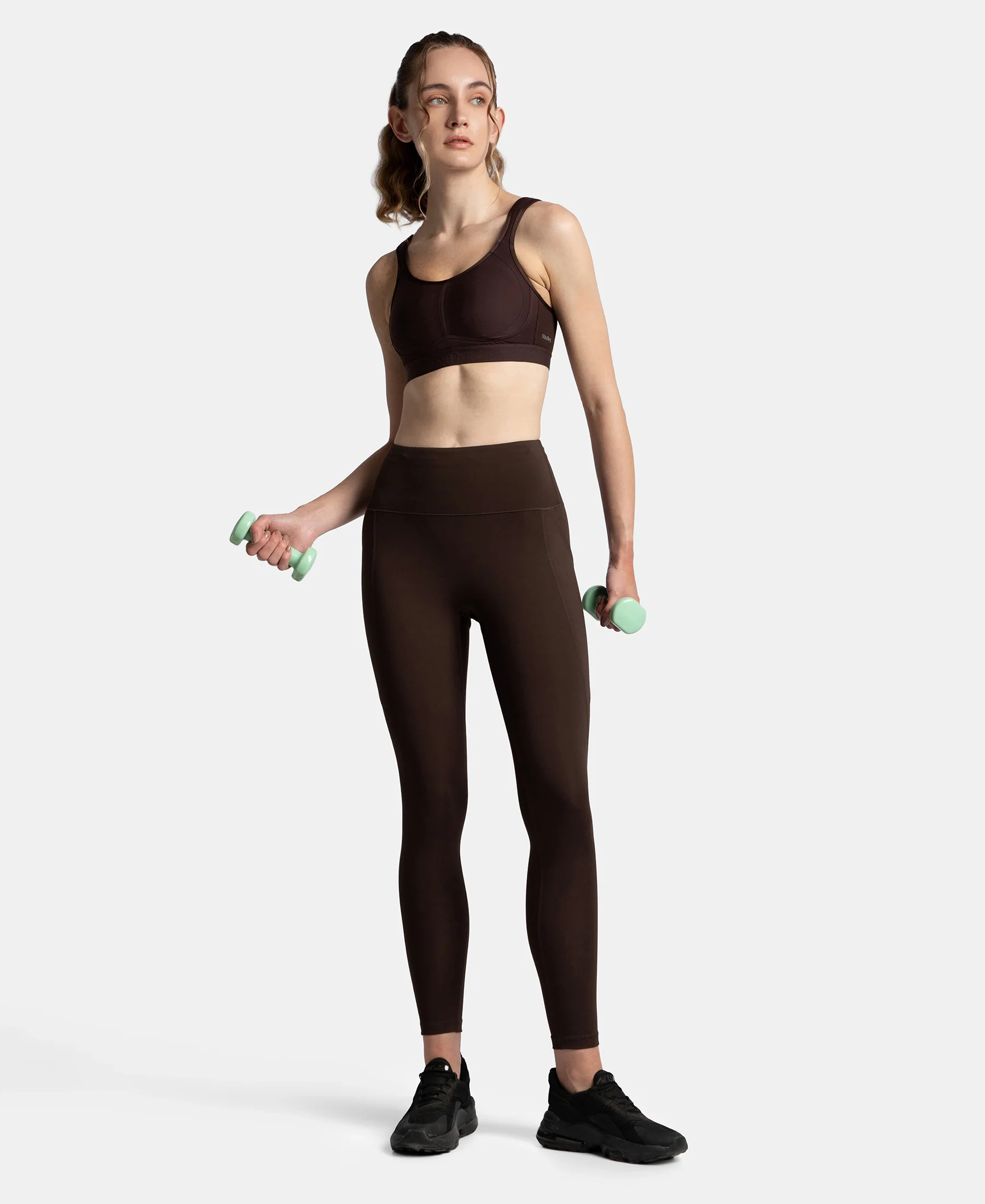 Microfiber Elastane Stretch Performance 7/8th Leggings with Broadwaistband & Back Pocket - Coffee - Image 6