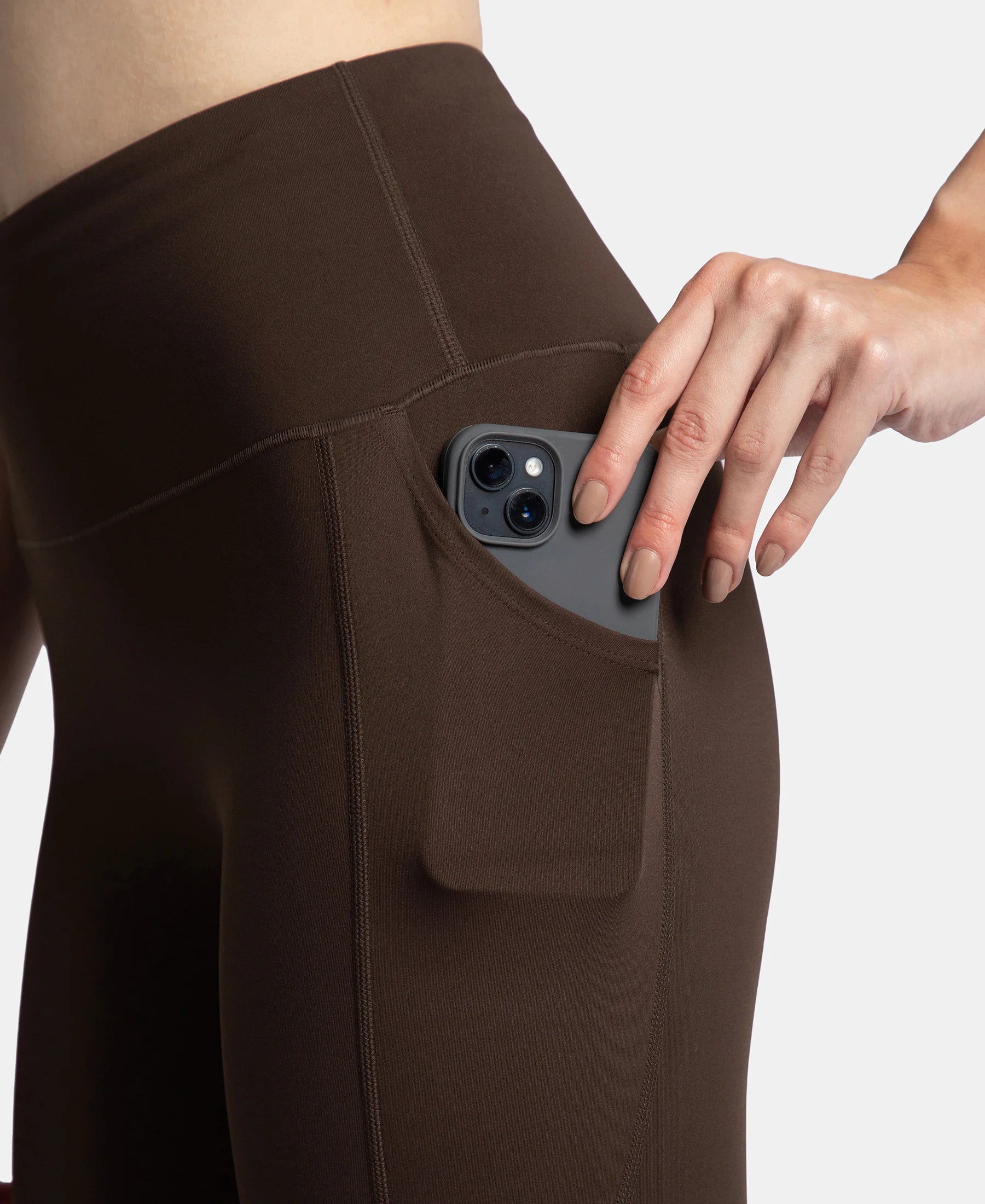 Microfiber Elastane Stretch Performance 7/8th Leggings with Broadwaistband & Back Pocket - Coffee - Image 8