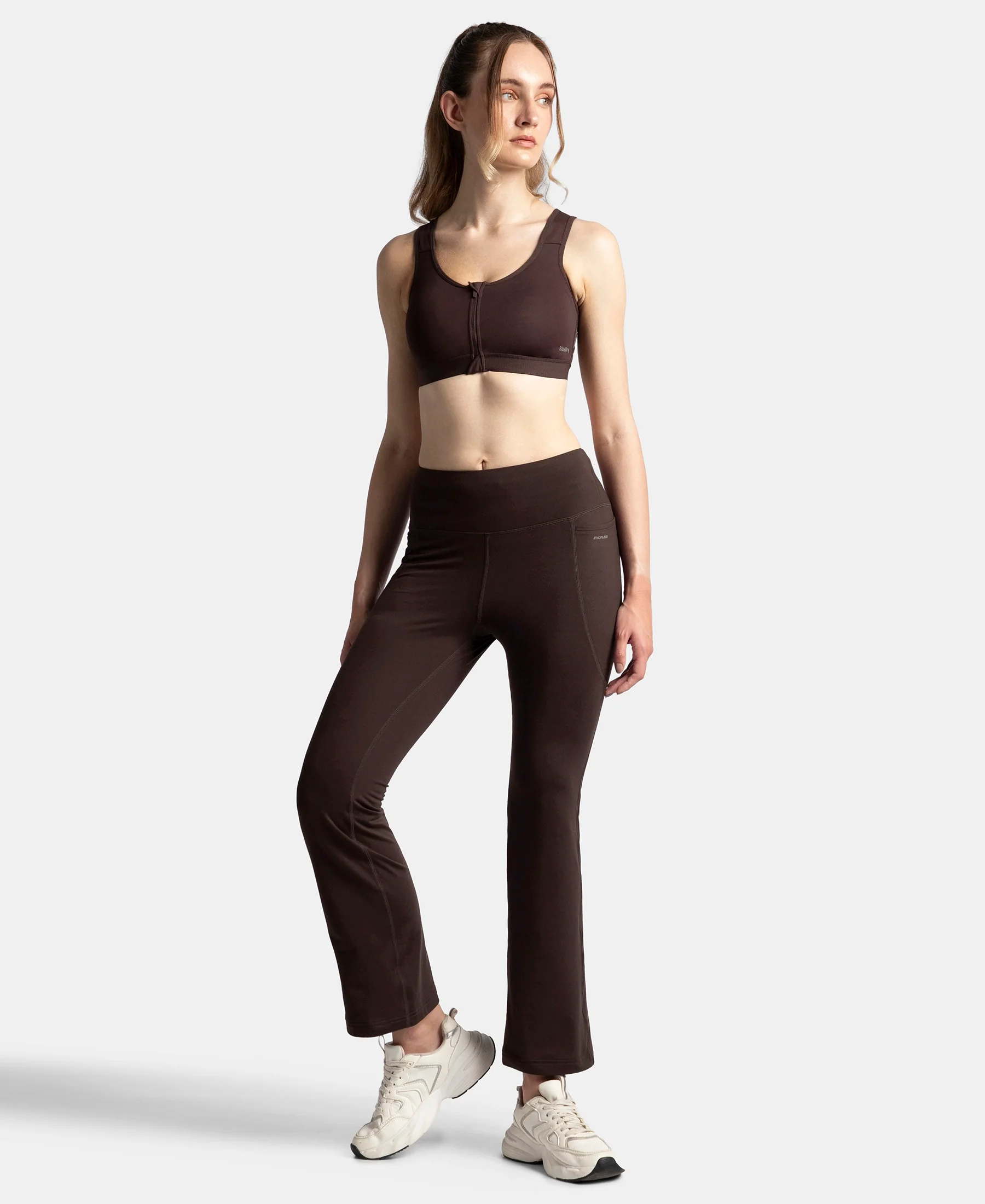 Microfiber Elastane Stretch Regular Fit Flared Pants with StayFresh Treatment - Coffee - Image 4