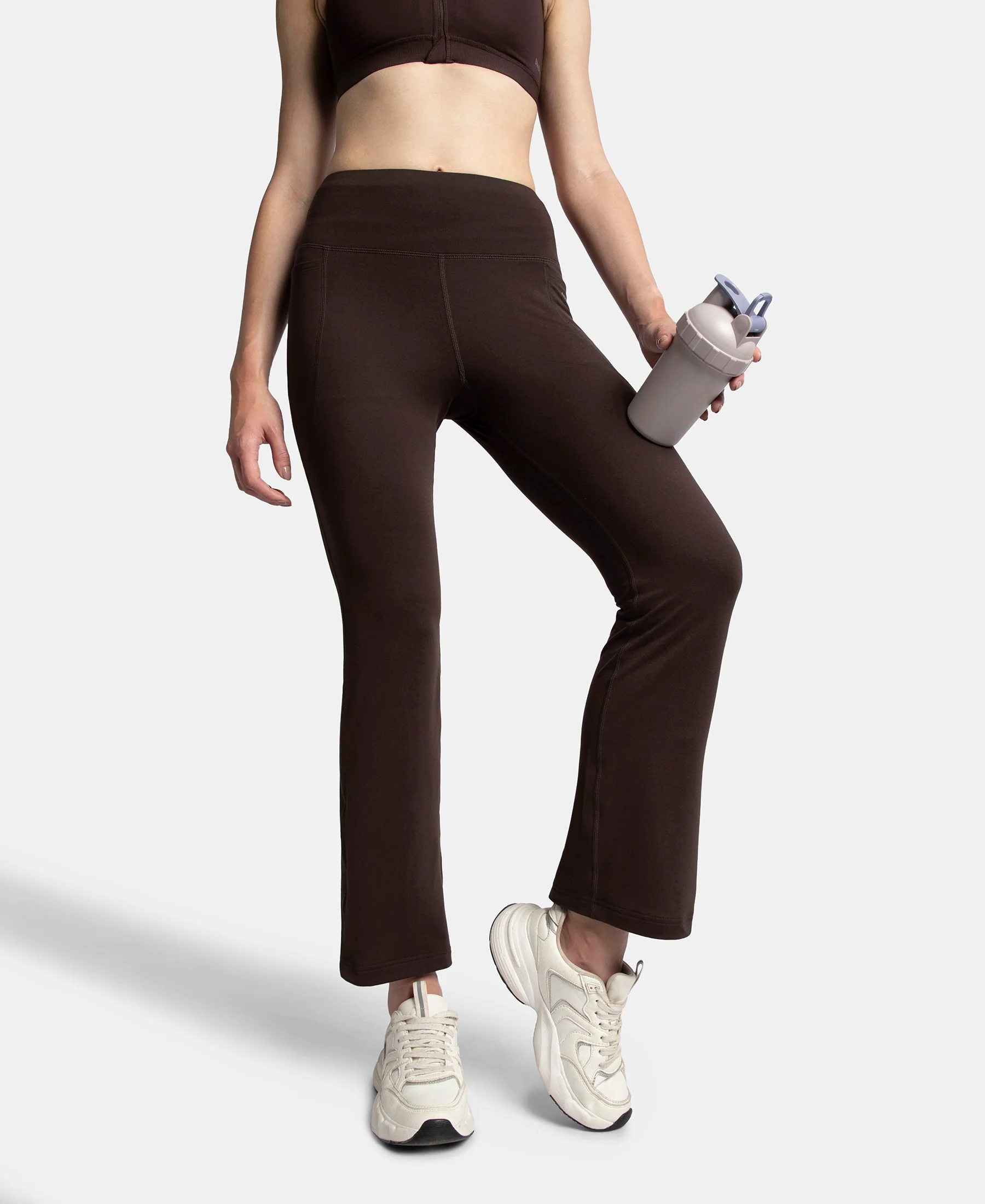 Microfiber Elastane Stretch Regular Fit Flared Pants with StayFresh Treatment - Coffee - Image 5