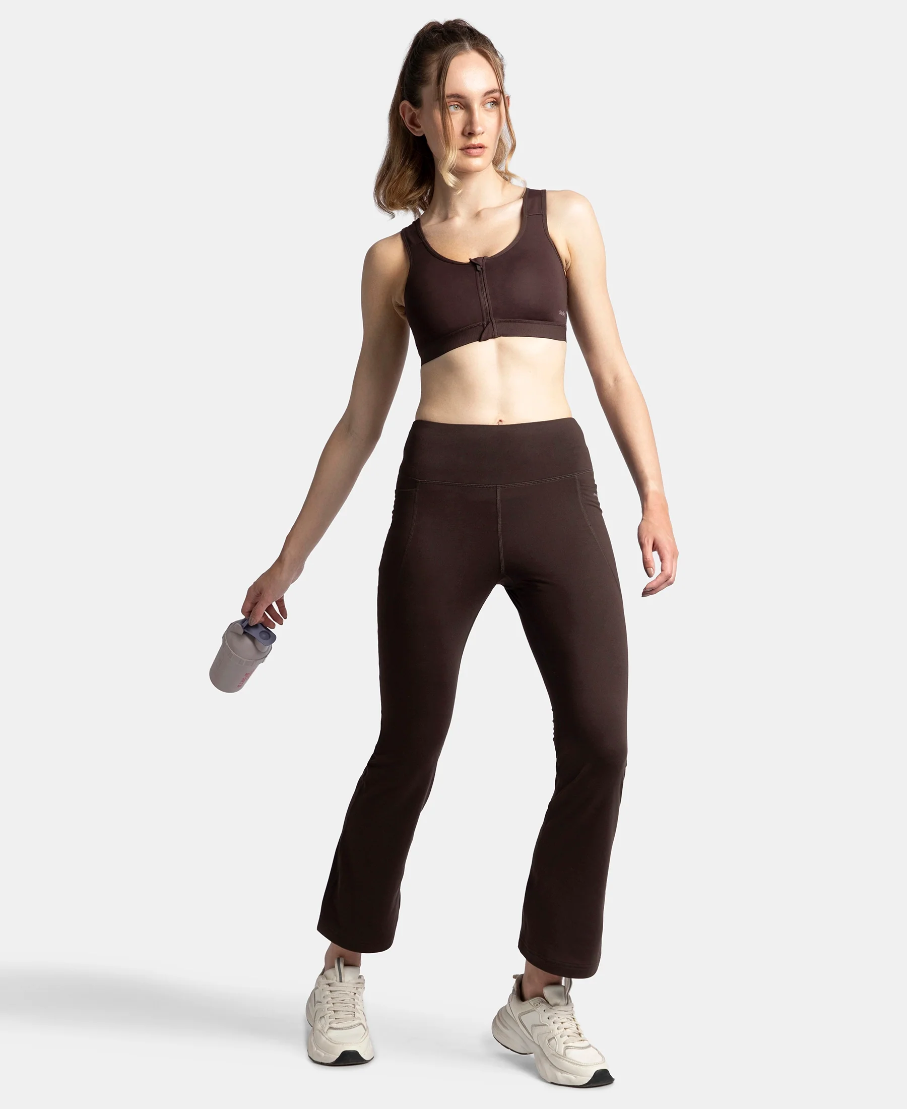 Microfiber Elastane Stretch Regular Fit Flared Pants with StayFresh Treatment - Coffee - Image 6