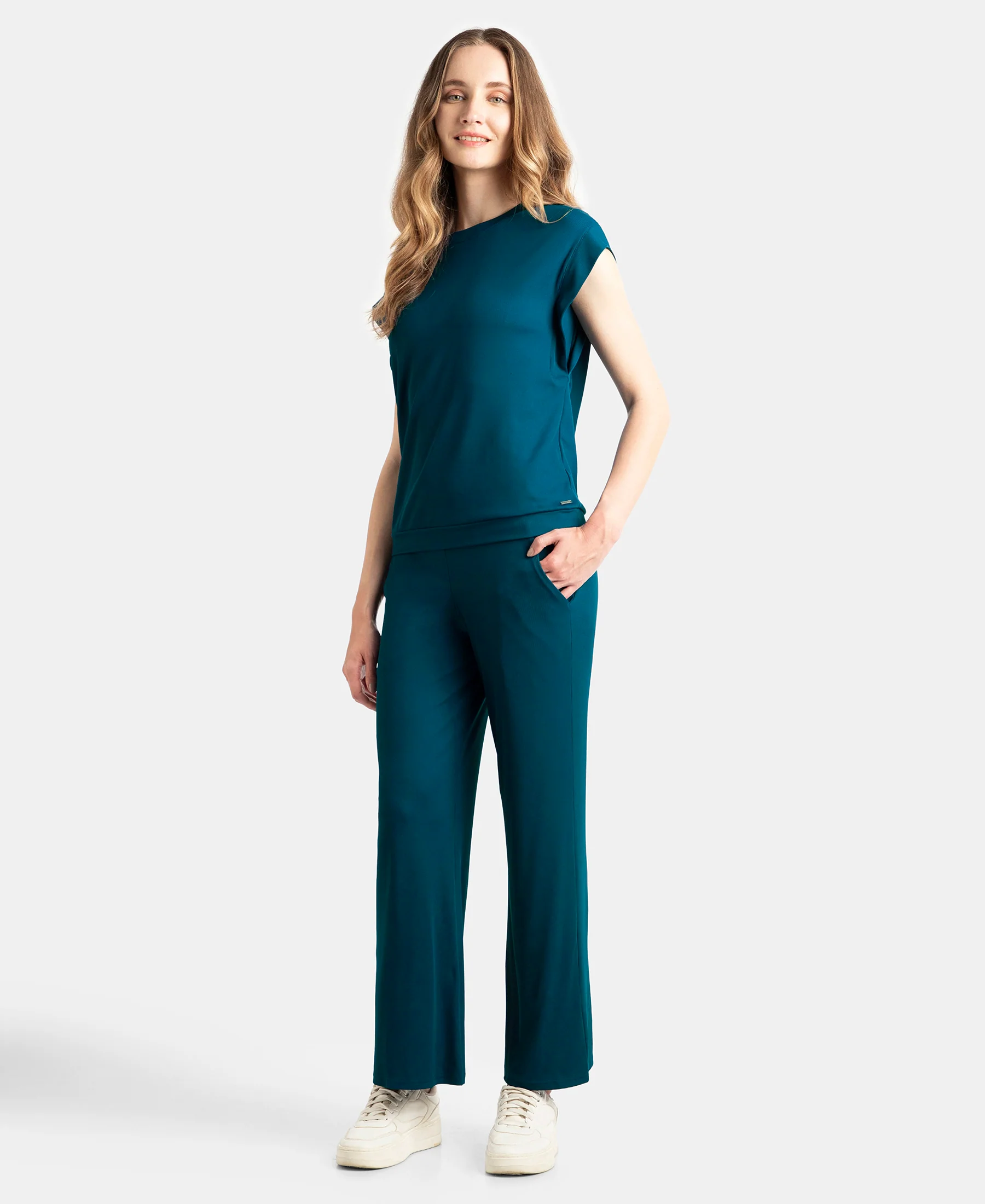 Microfiber Elastane Stretch Regular Fit Wide Leg Pants - Poseidon - Image 4