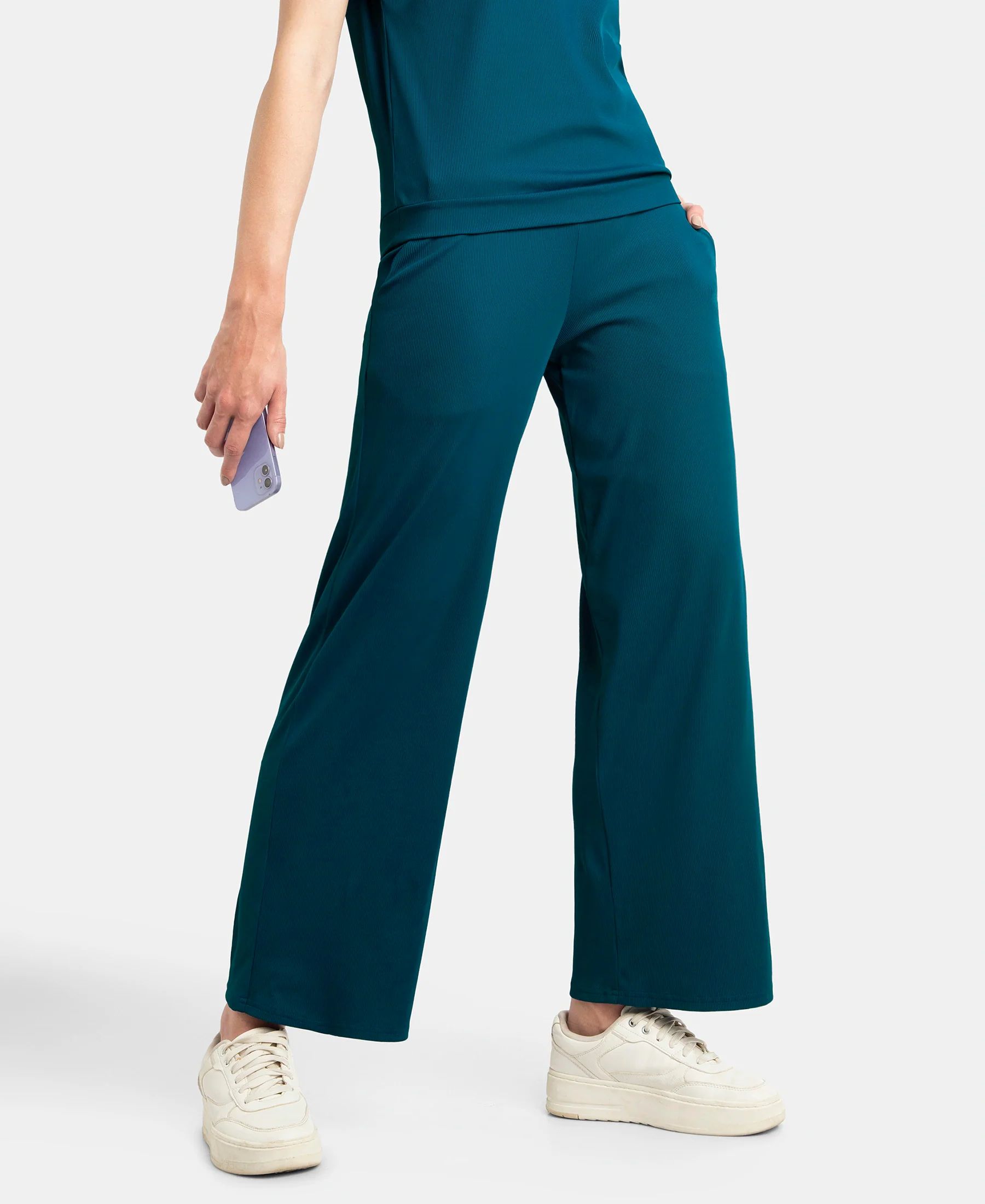 Microfiber Elastane Stretch Regular Fit Wide Leg Pants - Poseidon - Image 5