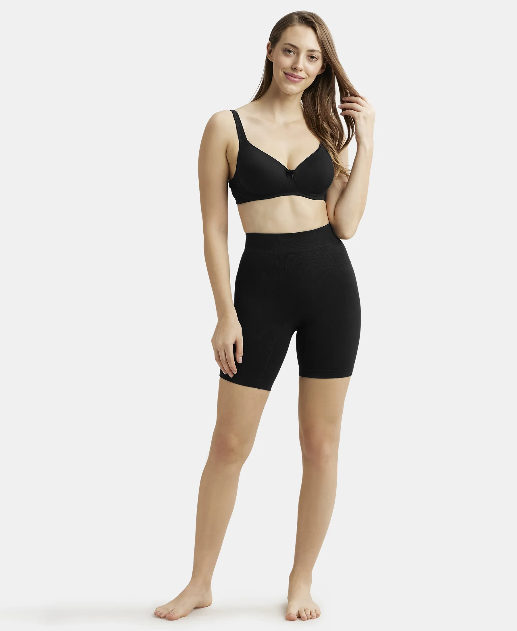 Mid Waist Cotton Rich Elastane Stretch Seamfree Shorts Shapewear with Breathable Inner Thigh Panel - Black - Image 4