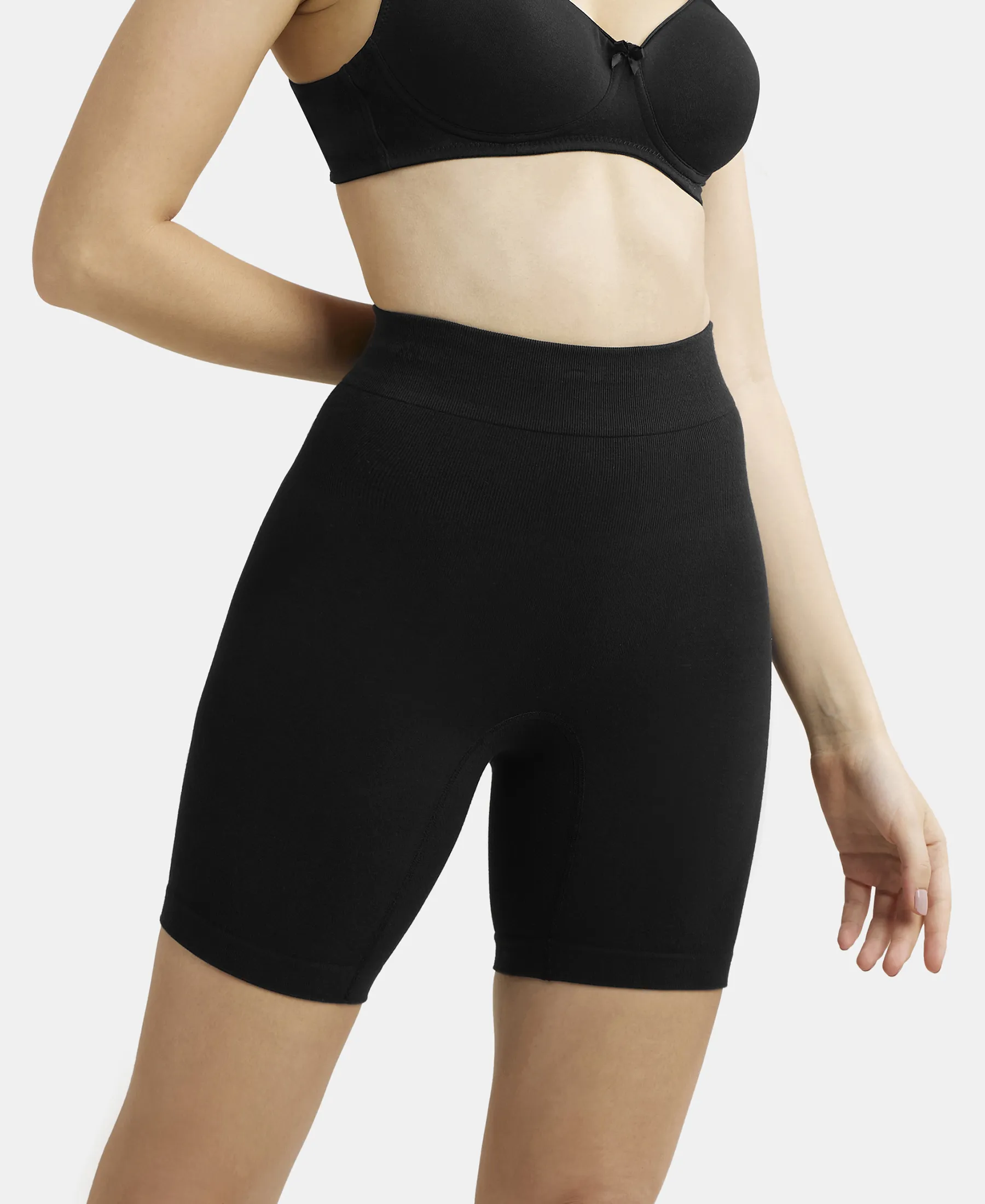 Mid Waist Cotton Rich Elastane Stretch Seamfree Shorts Shapewear with Breathable Inner Thigh Panel - Black - Image 5