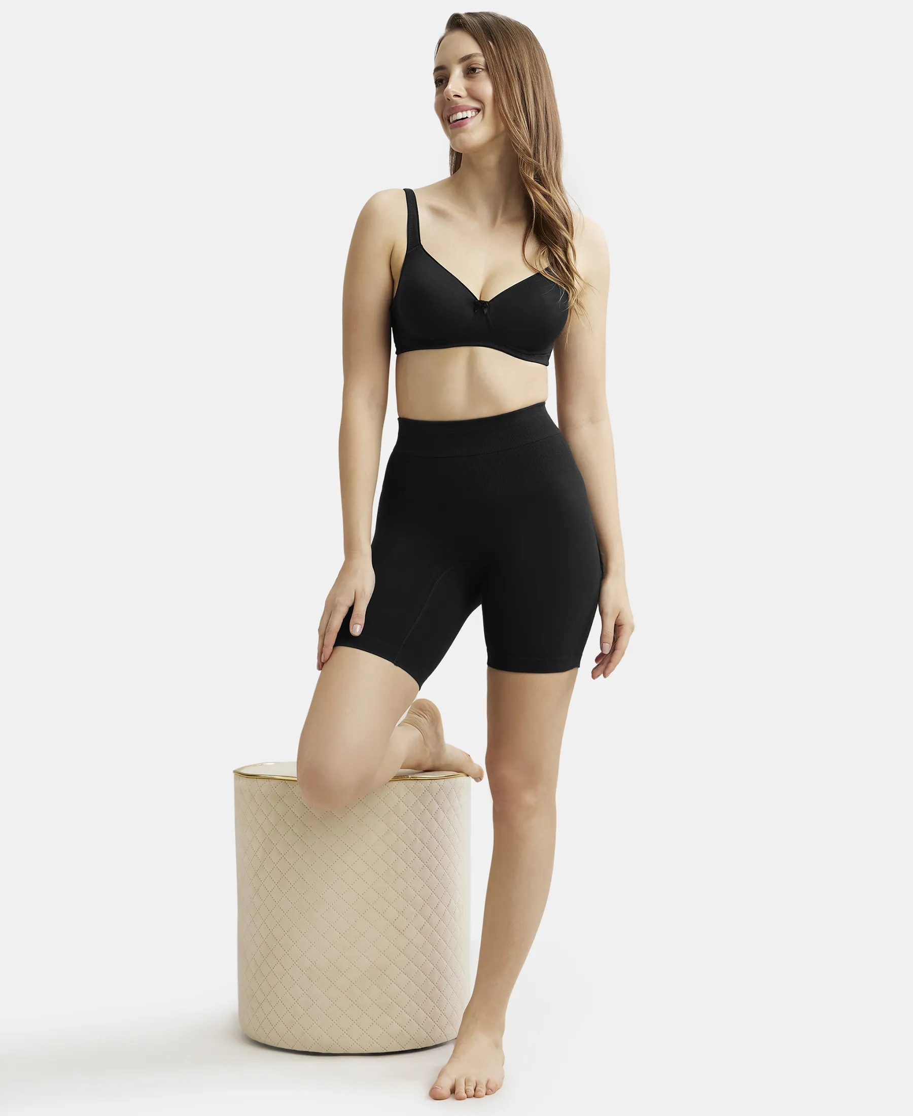 Mid Waist Cotton Rich Elastane Stretch Seamfree Shorts Shapewear with Breathable Inner Thigh Panel - Black - Image 6