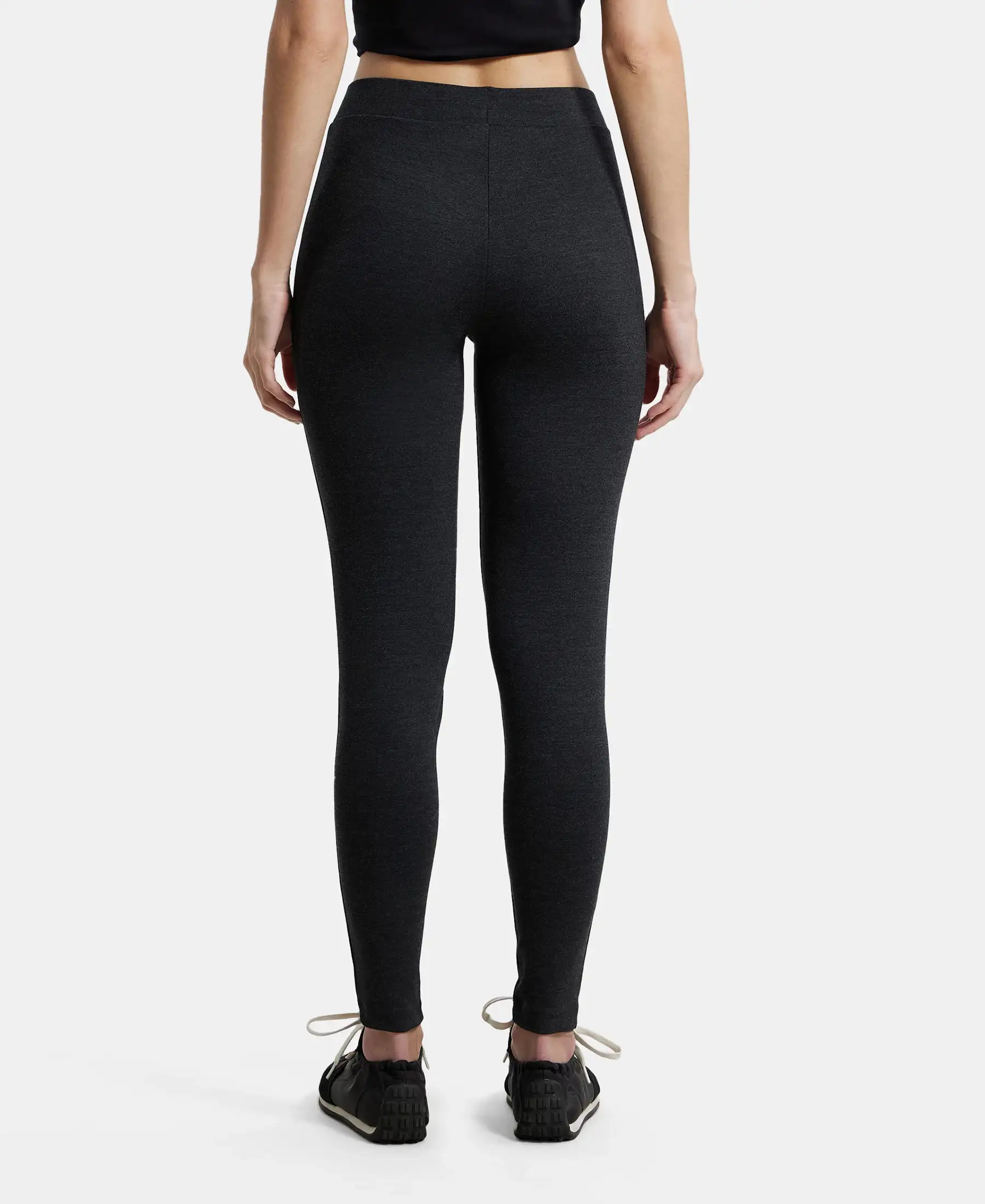 Rayon Nylon Elastane Stretch Treggings with Side Zipper Pockets - Black Melange - Image 3