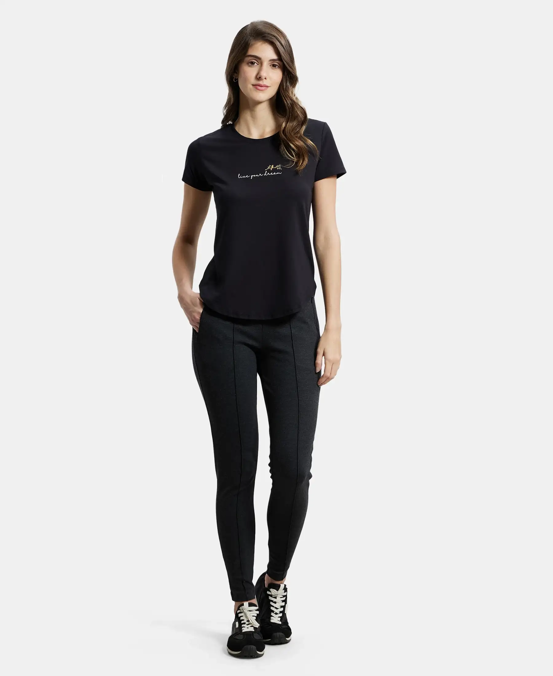 Rayon Nylon Elastane Stretch Treggings with Side Zipper Pockets - Black Melange - Image 4