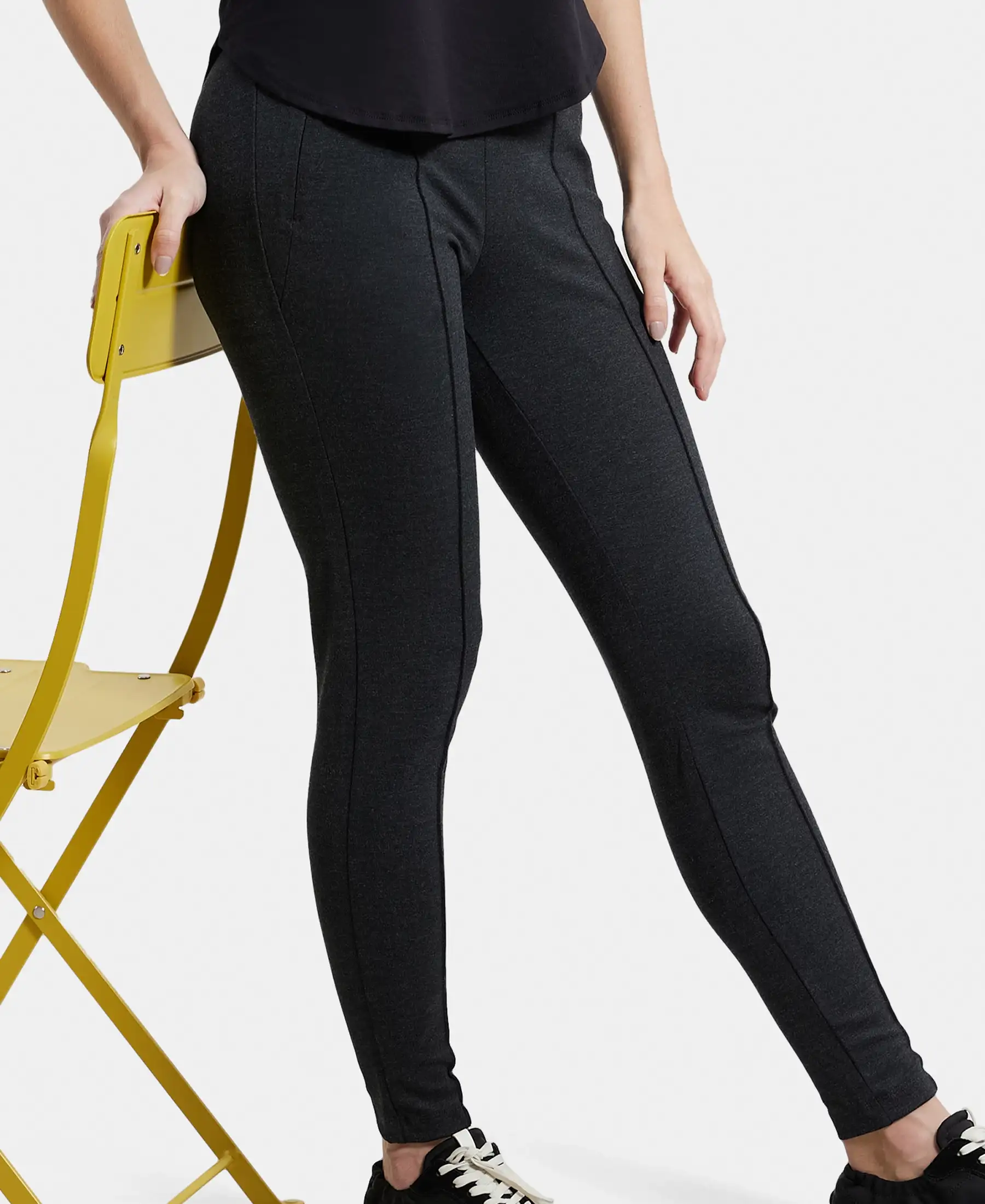 Rayon Nylon Elastane Stretch Treggings with Side Zipper Pockets - Black Melange - Image 5