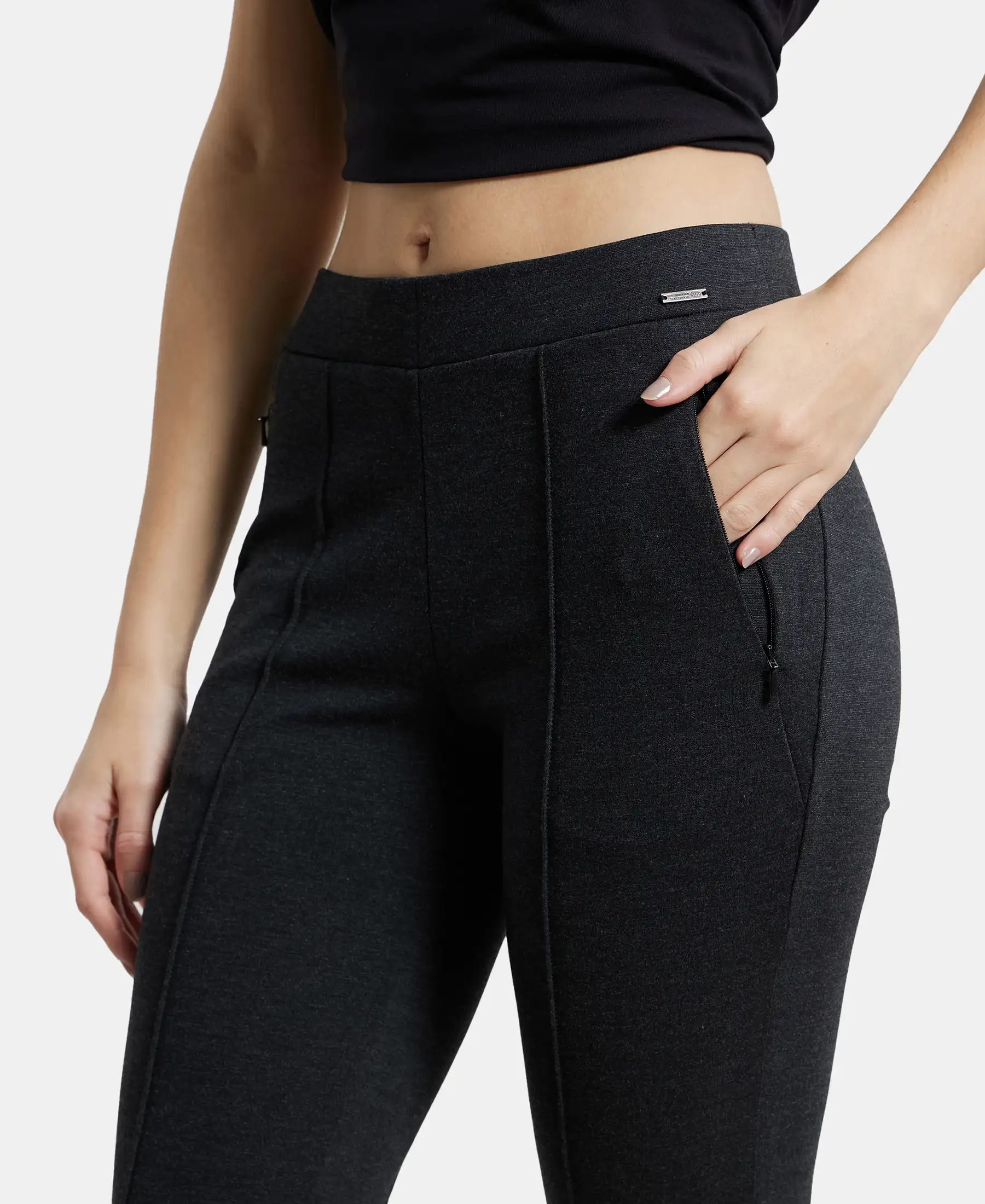 Rayon Nylon Elastane Stretch Treggings with Side Zipper Pockets - Black Melange - Image 6