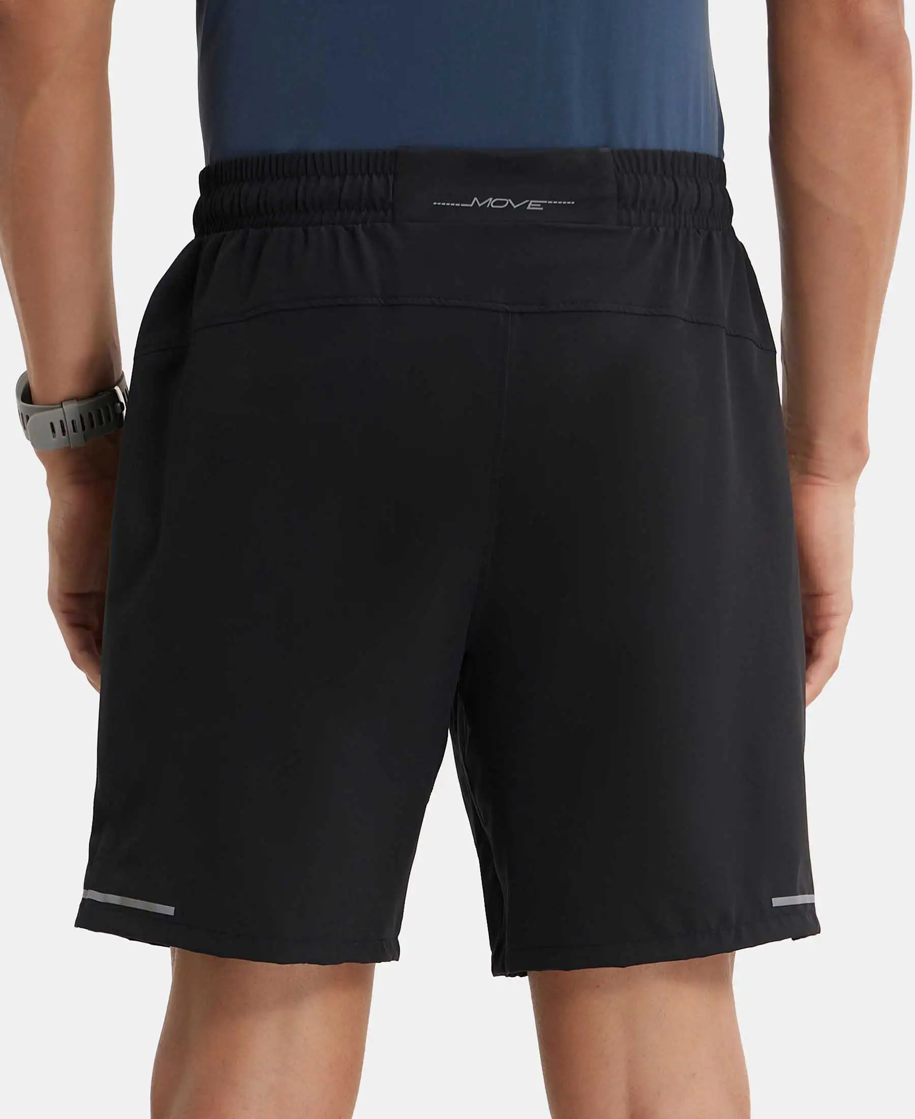 Recycled Microfiber Elastane Stretch Solid Shorts with Zipper Pockets and StayFresh Treatment - Black - Image 3