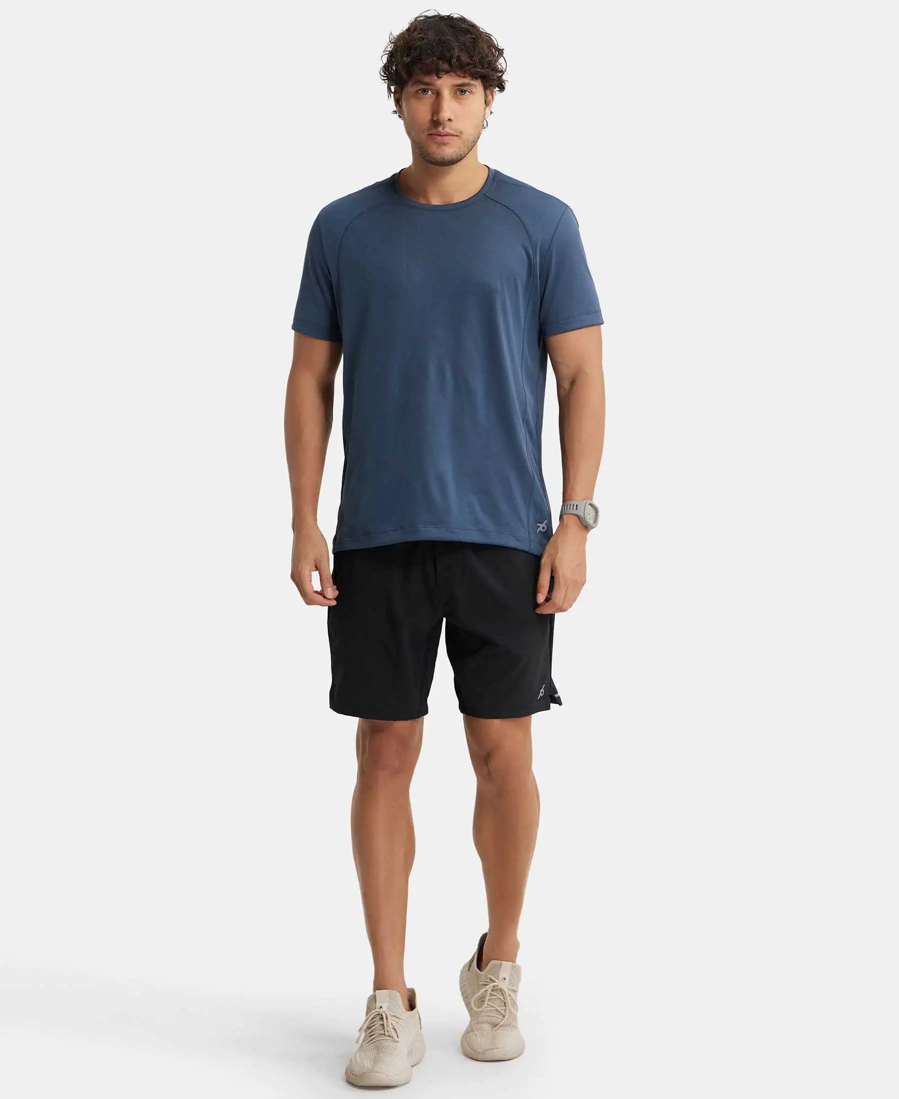 Recycled Microfiber Elastane Stretch Solid Shorts with Zipper Pockets and StayFresh Treatment - Black - Image 4