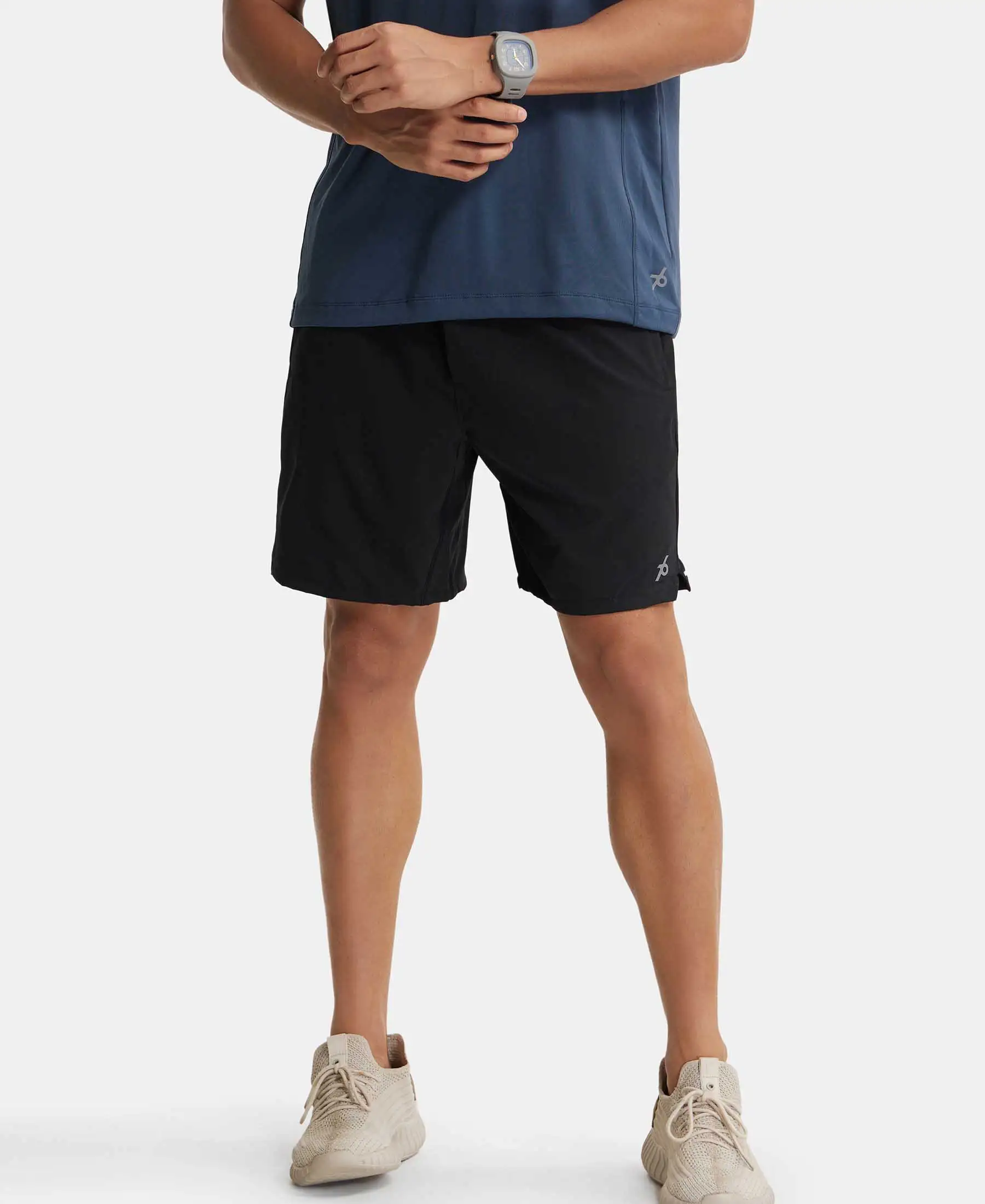 Recycled Microfiber Elastane Stretch Solid Shorts with Zipper Pockets and StayFresh Treatment - Black - Image 5