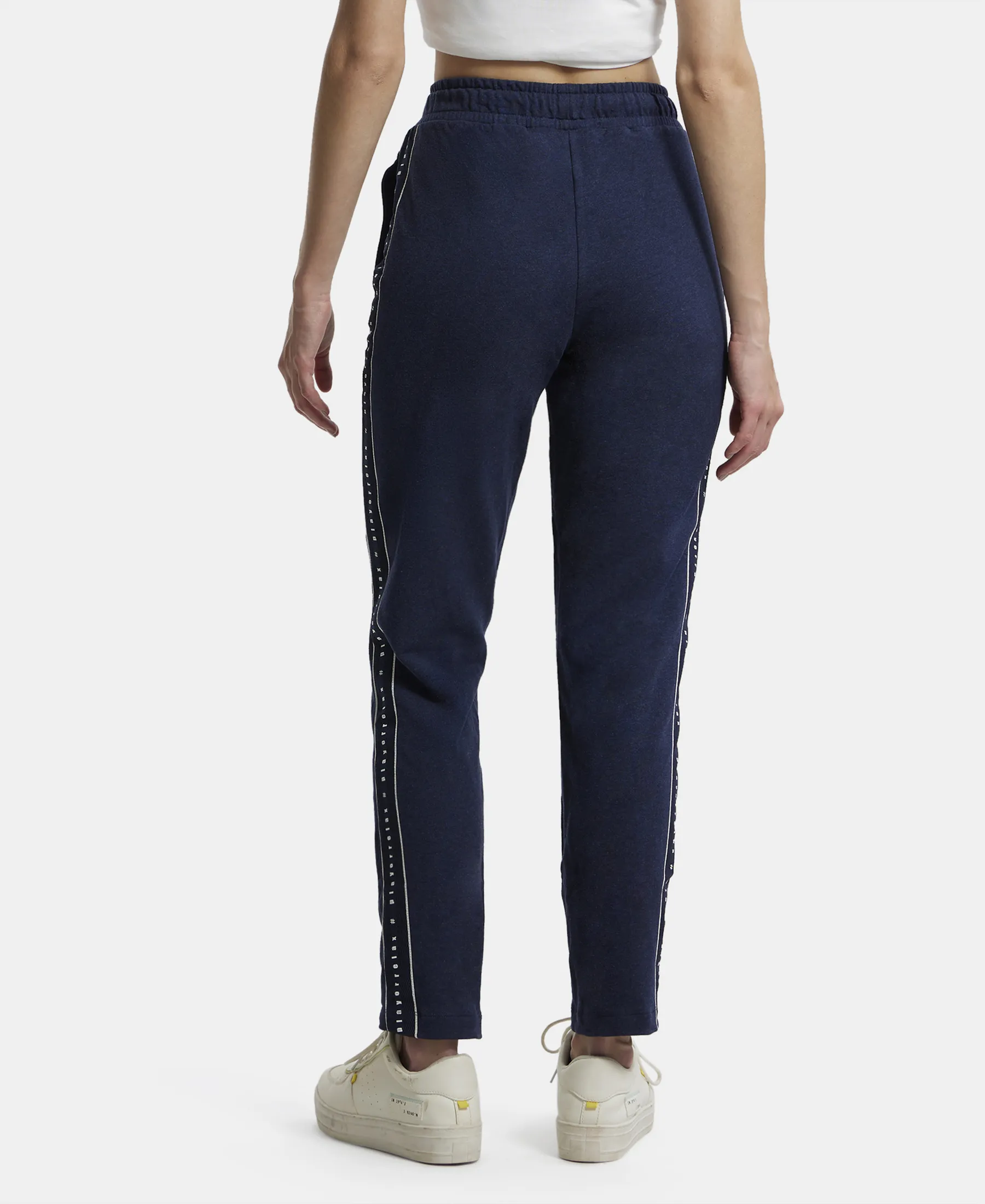 Super Combed Cotton Elastane Stretch French Terry Straight Fit Trackpants with Side Pockets - Ink Blue Melange - Image 3