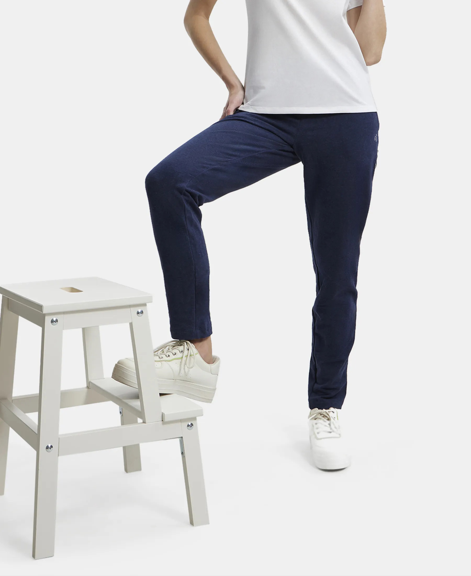 Super Combed Cotton Elastane Stretch French Terry Straight Fit Trackpants with Side Pockets - Ink Blue Melange - Image 5