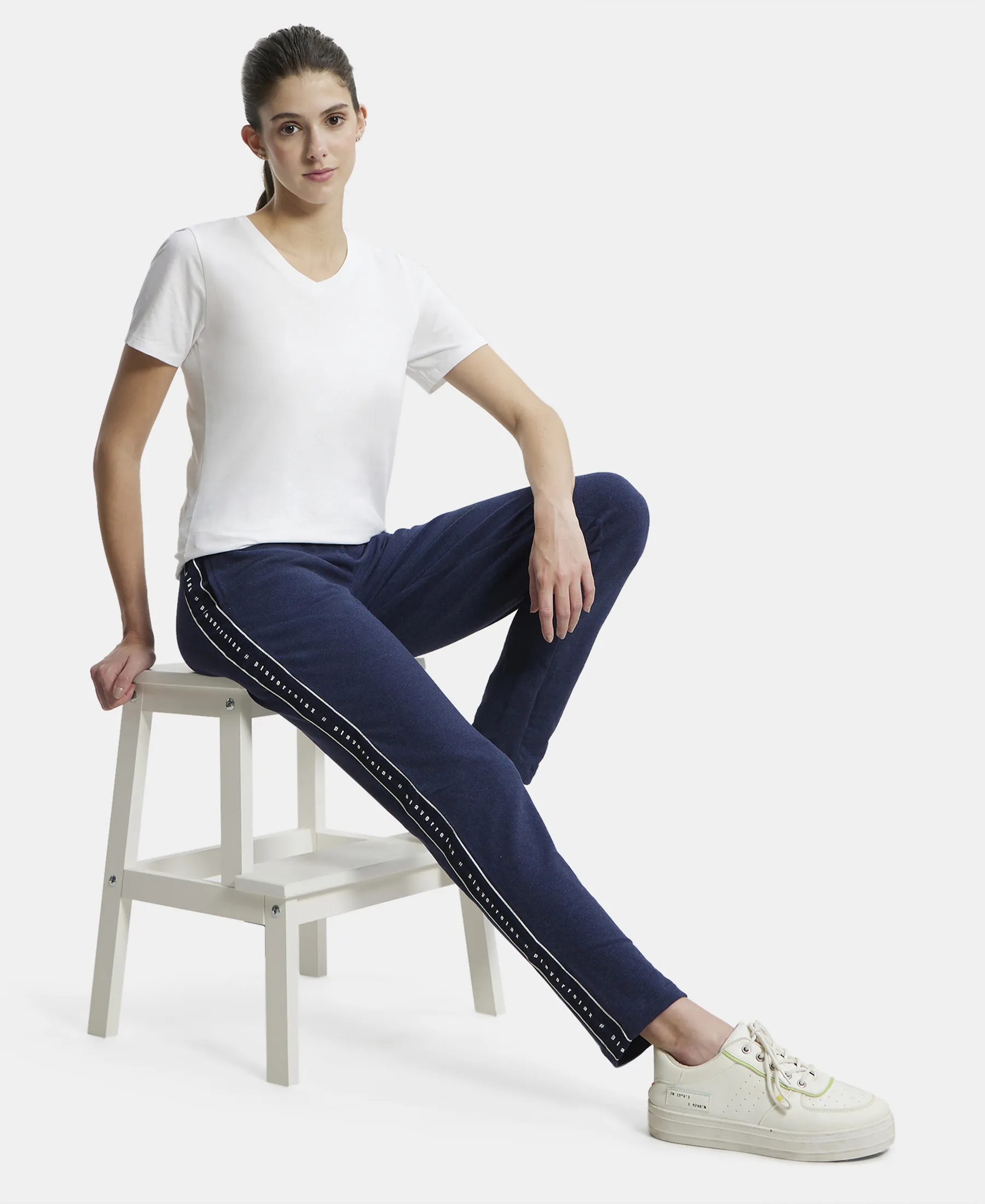 Super Combed Cotton Elastane Stretch French Terry Straight Fit Trackpants with Side Pockets - Ink Blue Melange - Image 6
