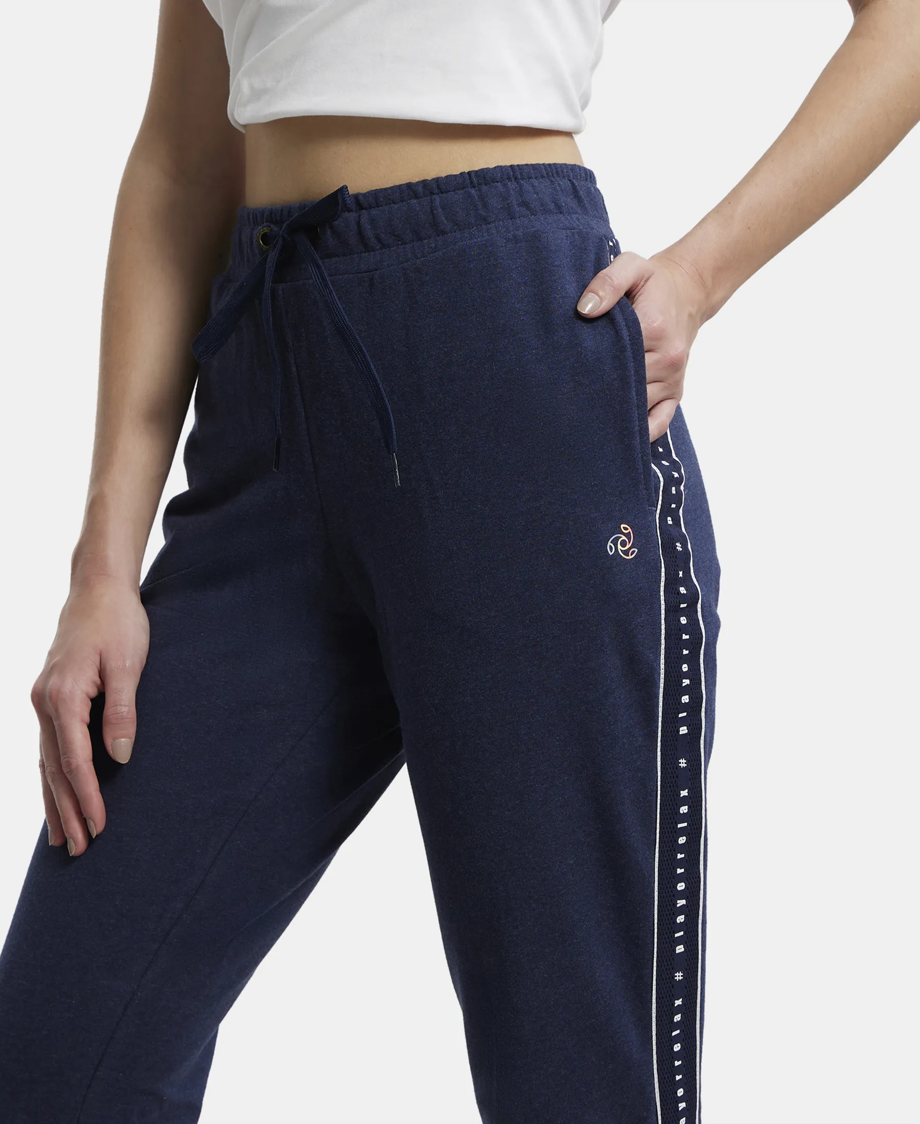 Super Combed Cotton Elastane Stretch French Terry Straight Fit Trackpants with Side Pockets - Ink Blue Melange - Image 7