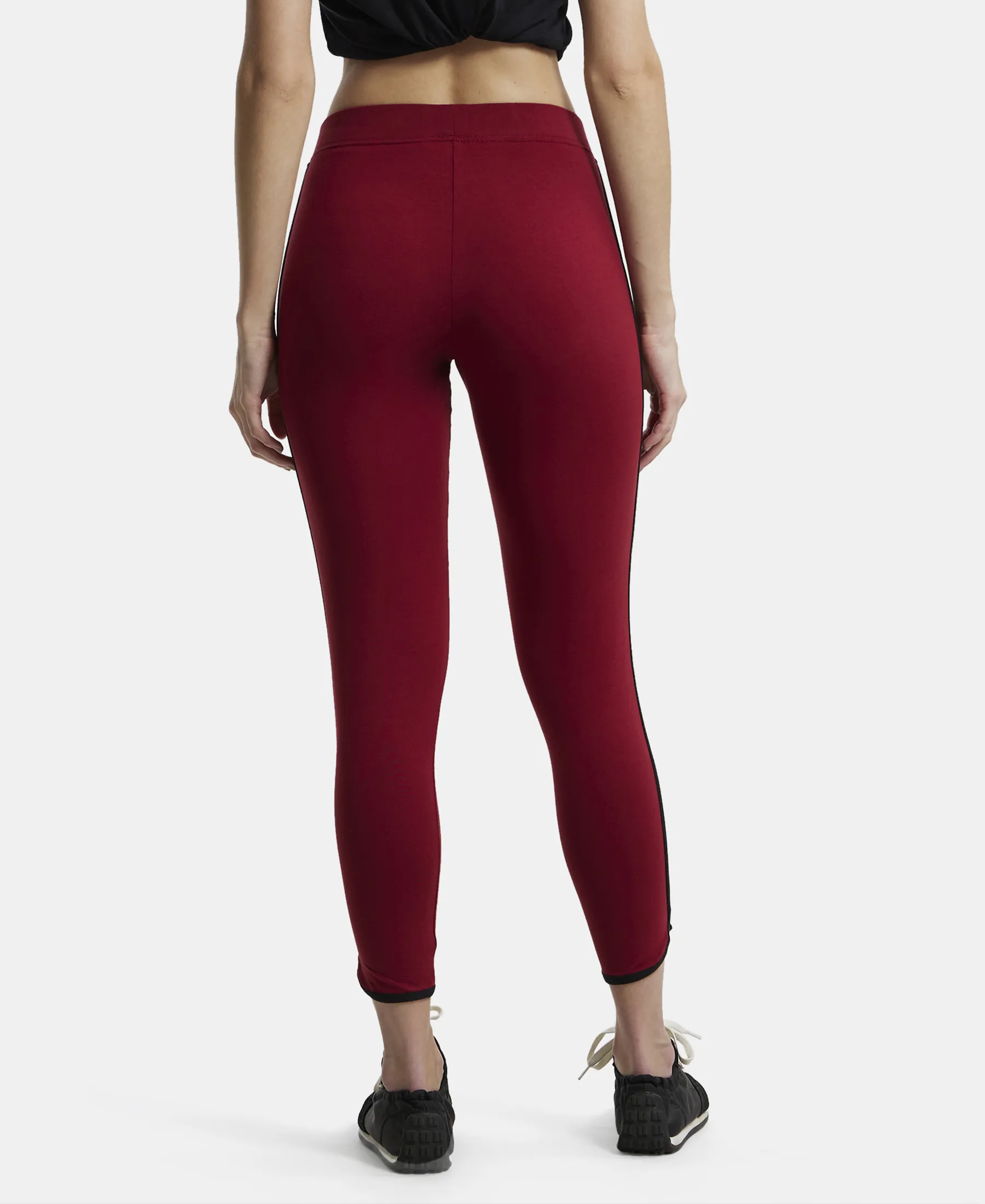 Super Combed Cotton Elastane Stretch Leggings with Contrast Side Piping - Rhubarb - Image 3