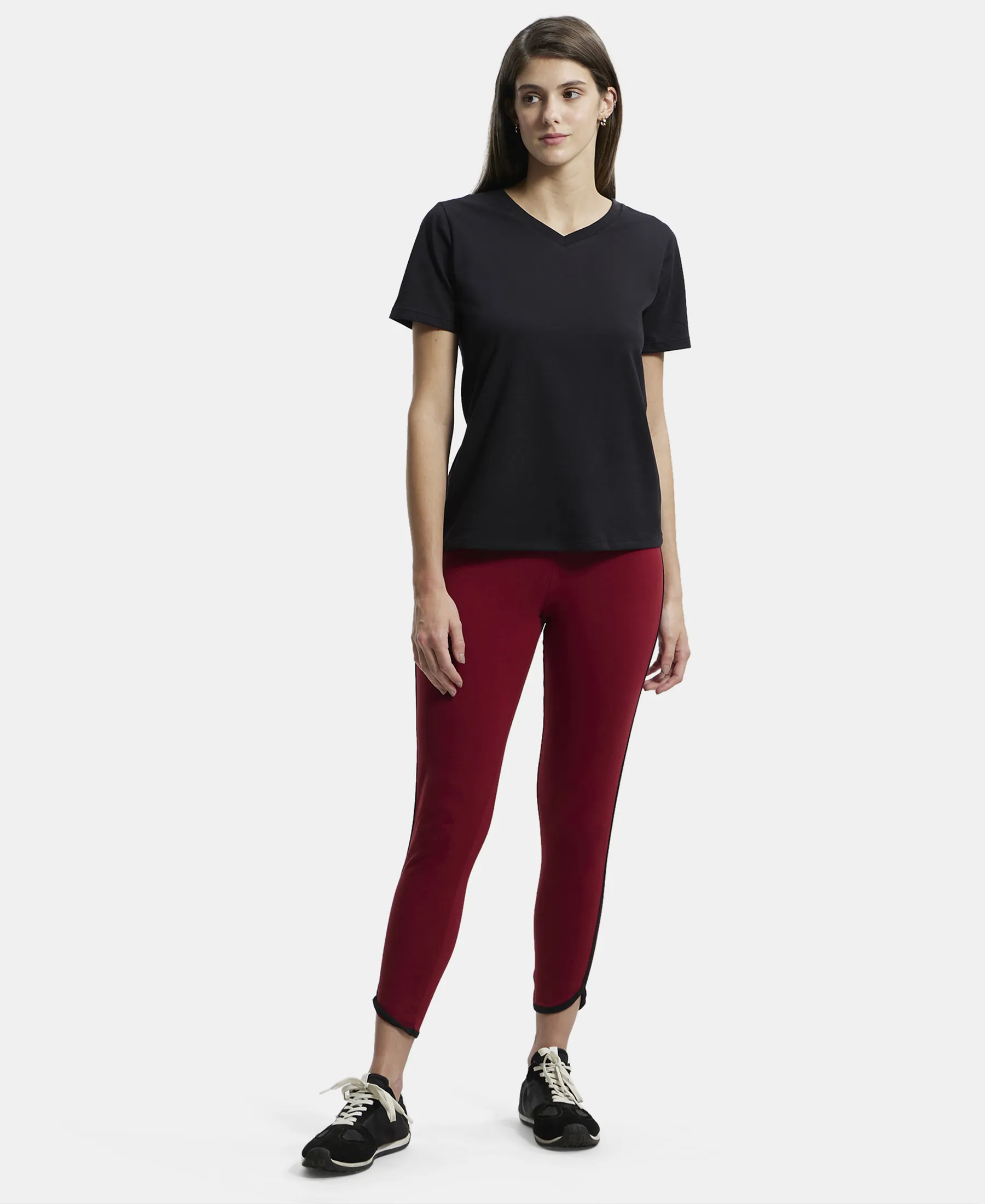 Super Combed Cotton Elastane Stretch Leggings with Contrast Side Piping - Rhubarb - Image 4