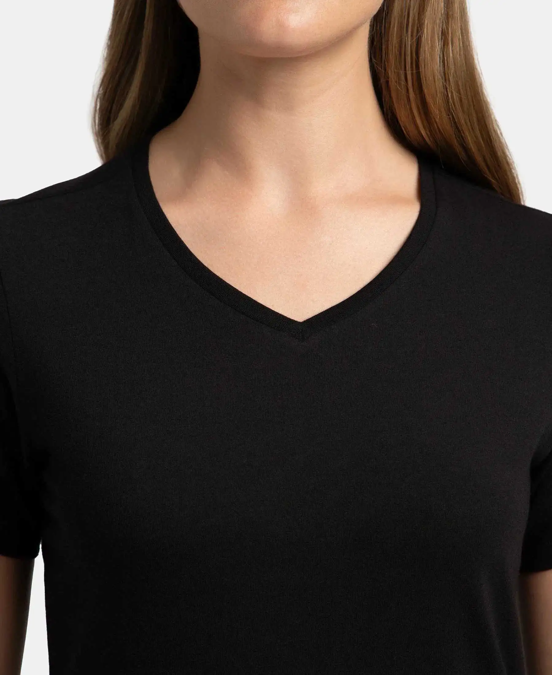 Super Combed Cotton Elastane Stretch Regular Fit Solid V Neck Half Sleeve T-Shirt - Black - Image 6