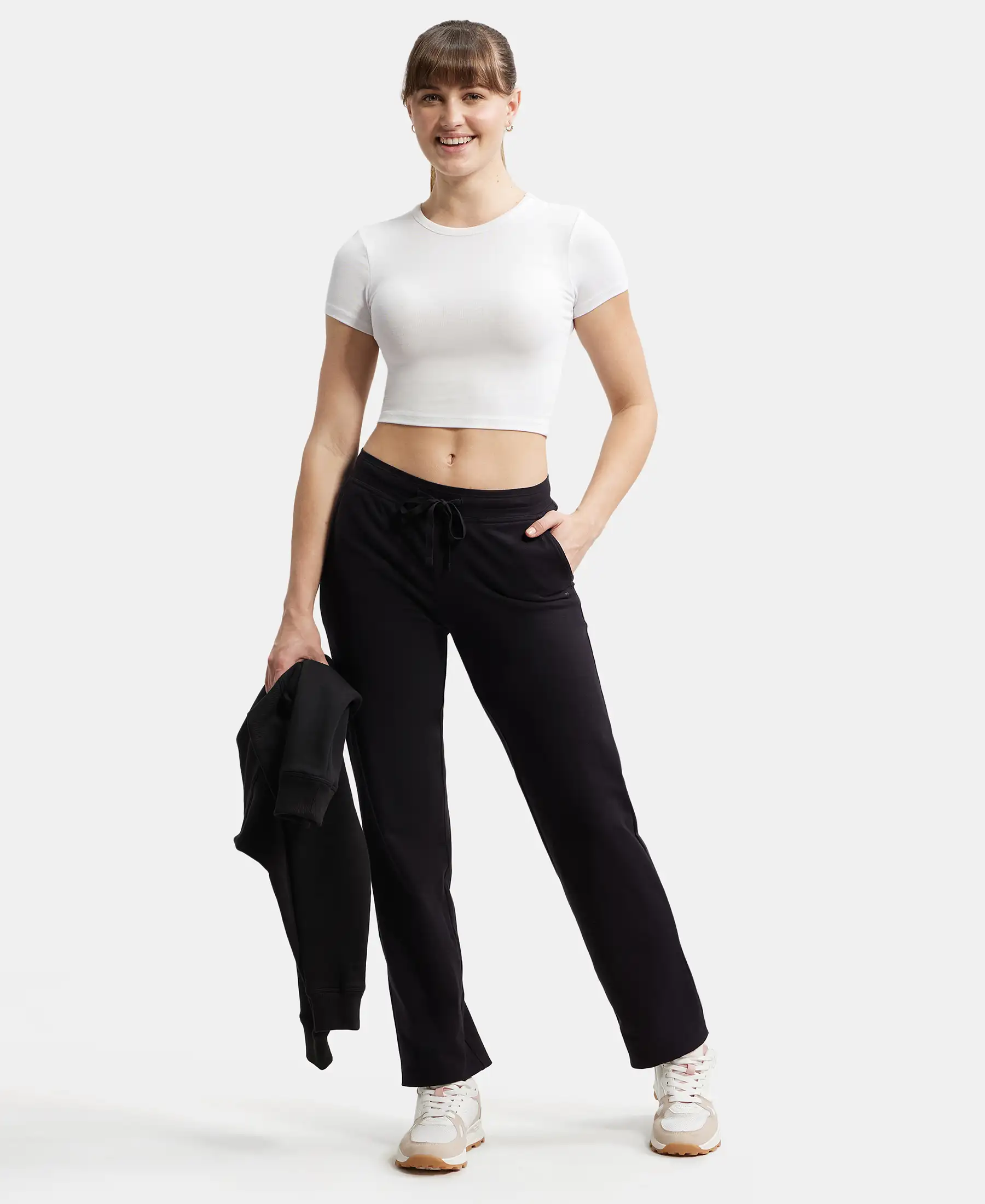 Super Combed Cotton Elastane Stretch Relaxed Fit Trackpants With Side Pockets - Black - Image 6