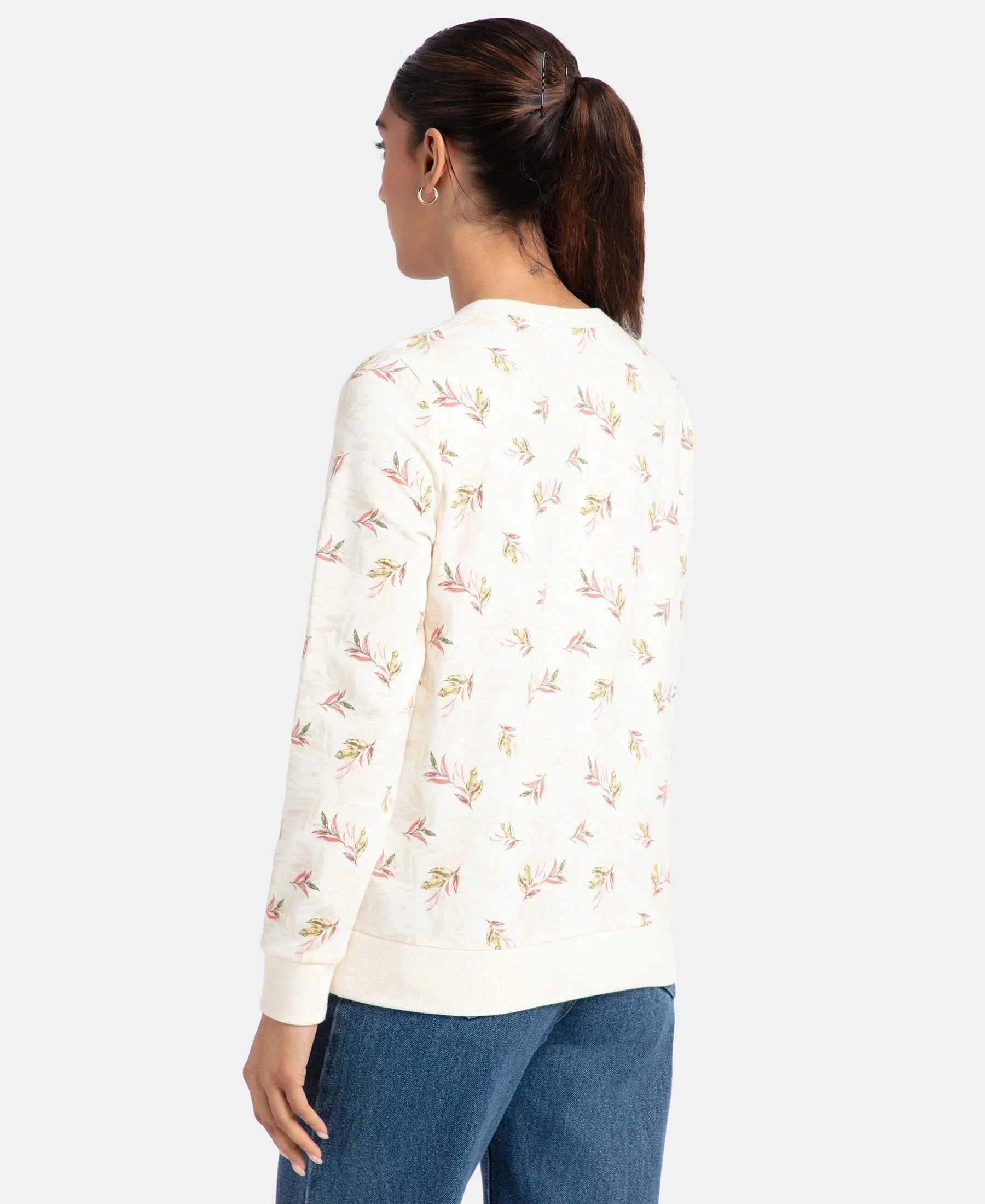 Super Combed Cotton Elastane Stretch French Terry Fabric Printed Sweatshirt with Ribbed Cuffs - Antique White - Image 3