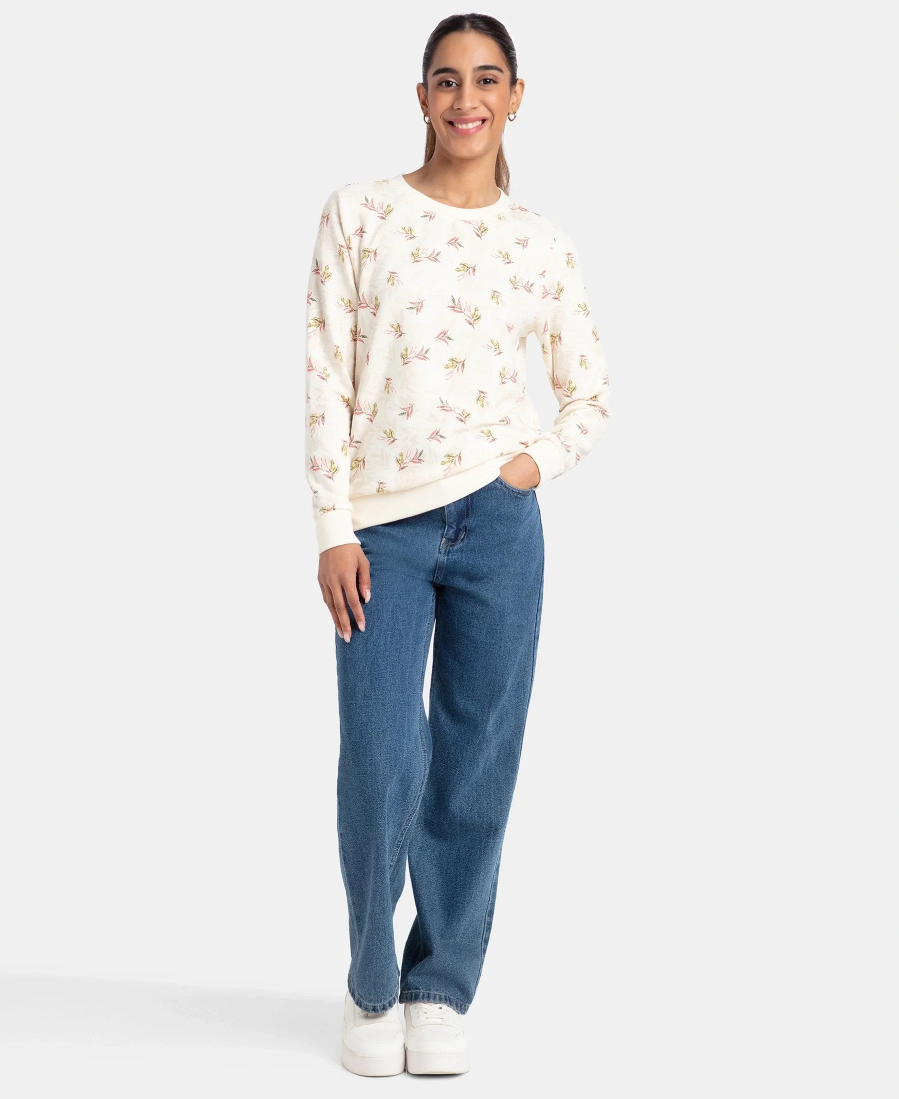 Super Combed Cotton Elastane Stretch French Terry Fabric Printed Sweatshirt with Ribbed Cuffs - Antique White - Image 4