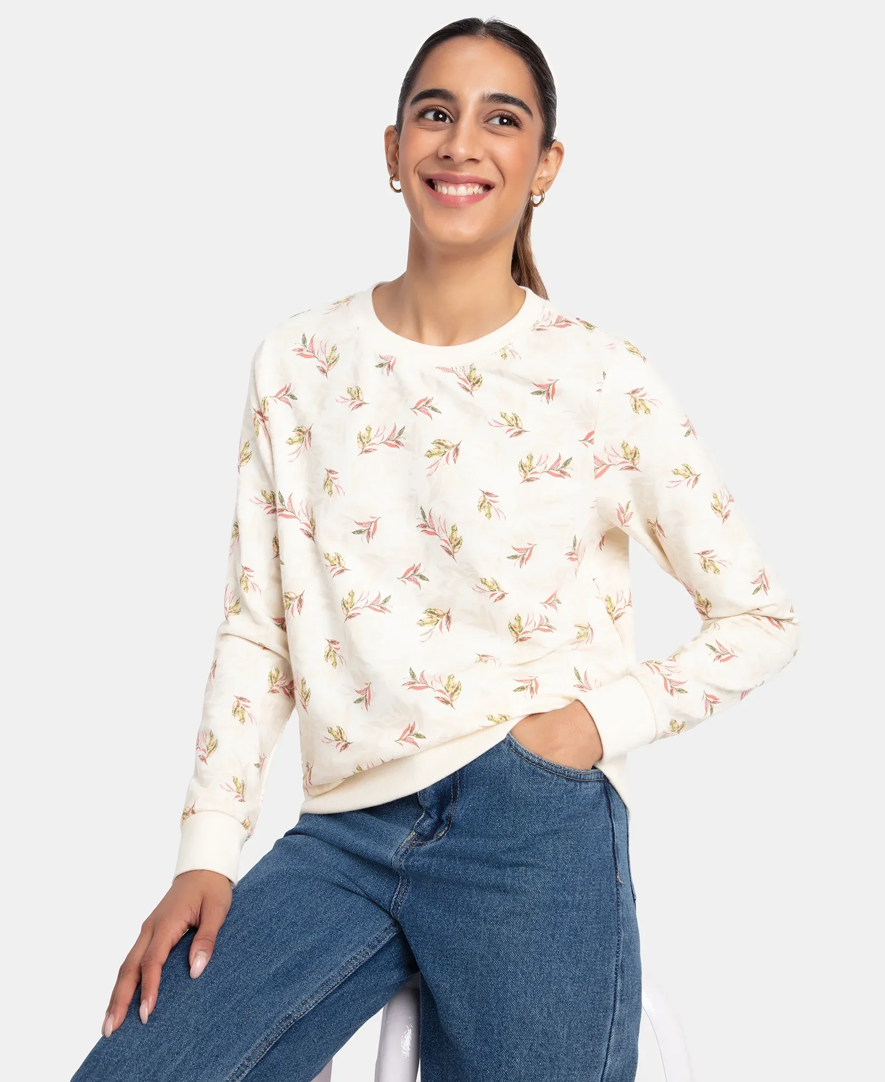 Super Combed Cotton Elastane Stretch French Terry Fabric Printed Sweatshirt with Ribbed Cuffs - Antique White - Image 5