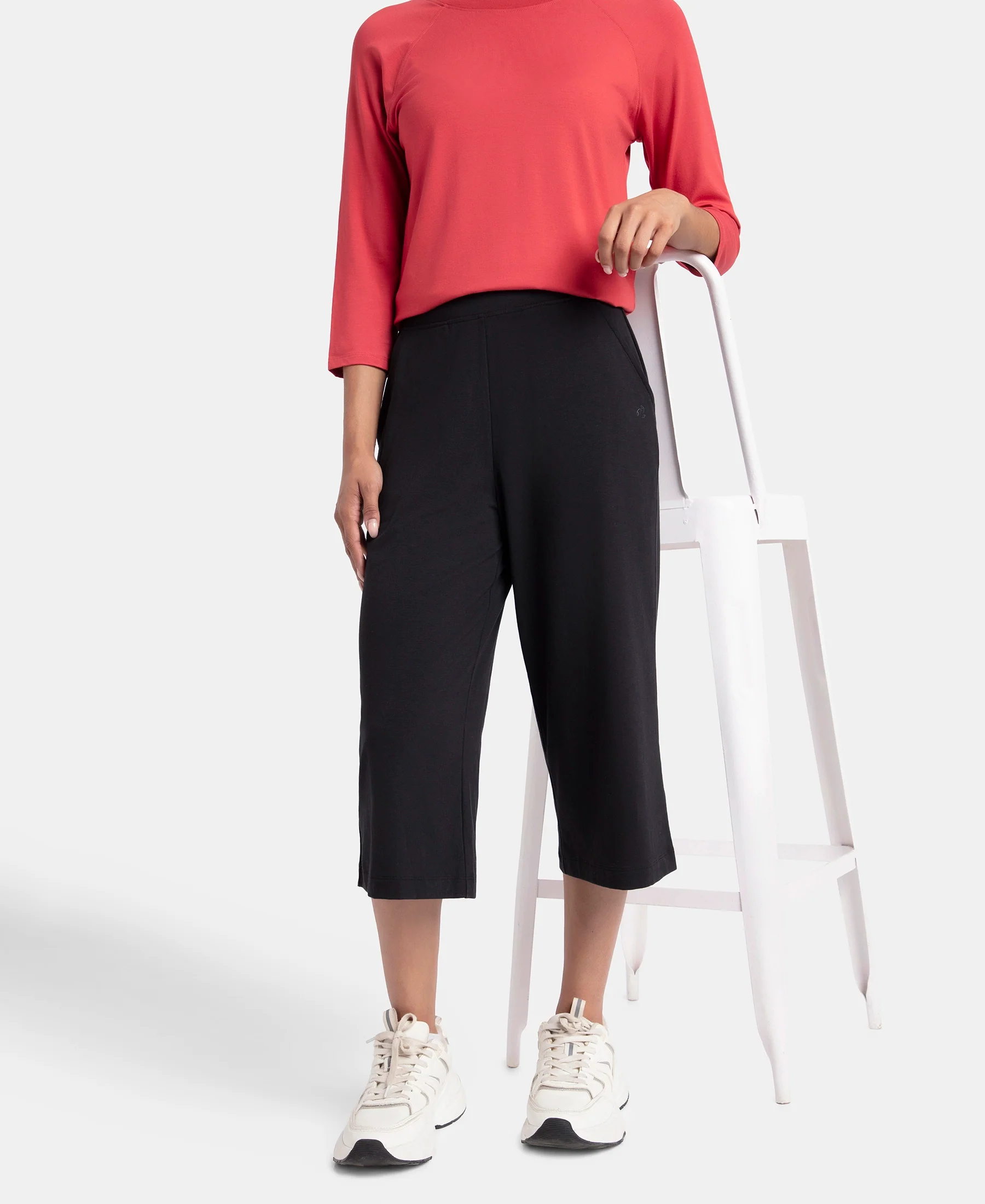 Super Combed Cotton Rich Elastane Stretch Relaxed Fit Culottes - Black - Image 5