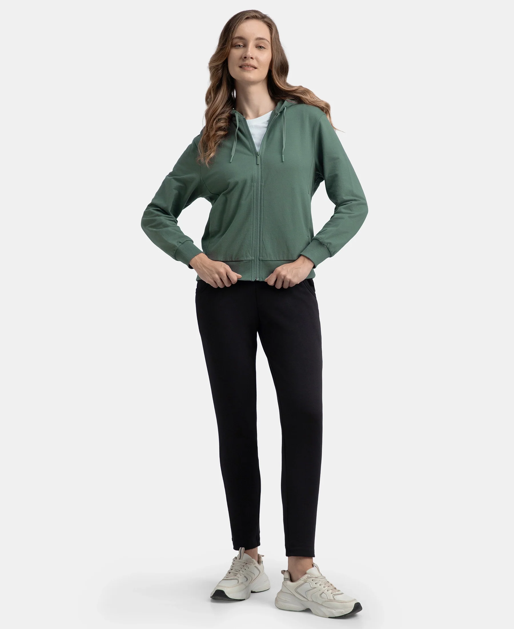 Super Combed Cotton French Terry Fabric Hoodie Jacket with Side Pockets - Balsam Green - Image 4