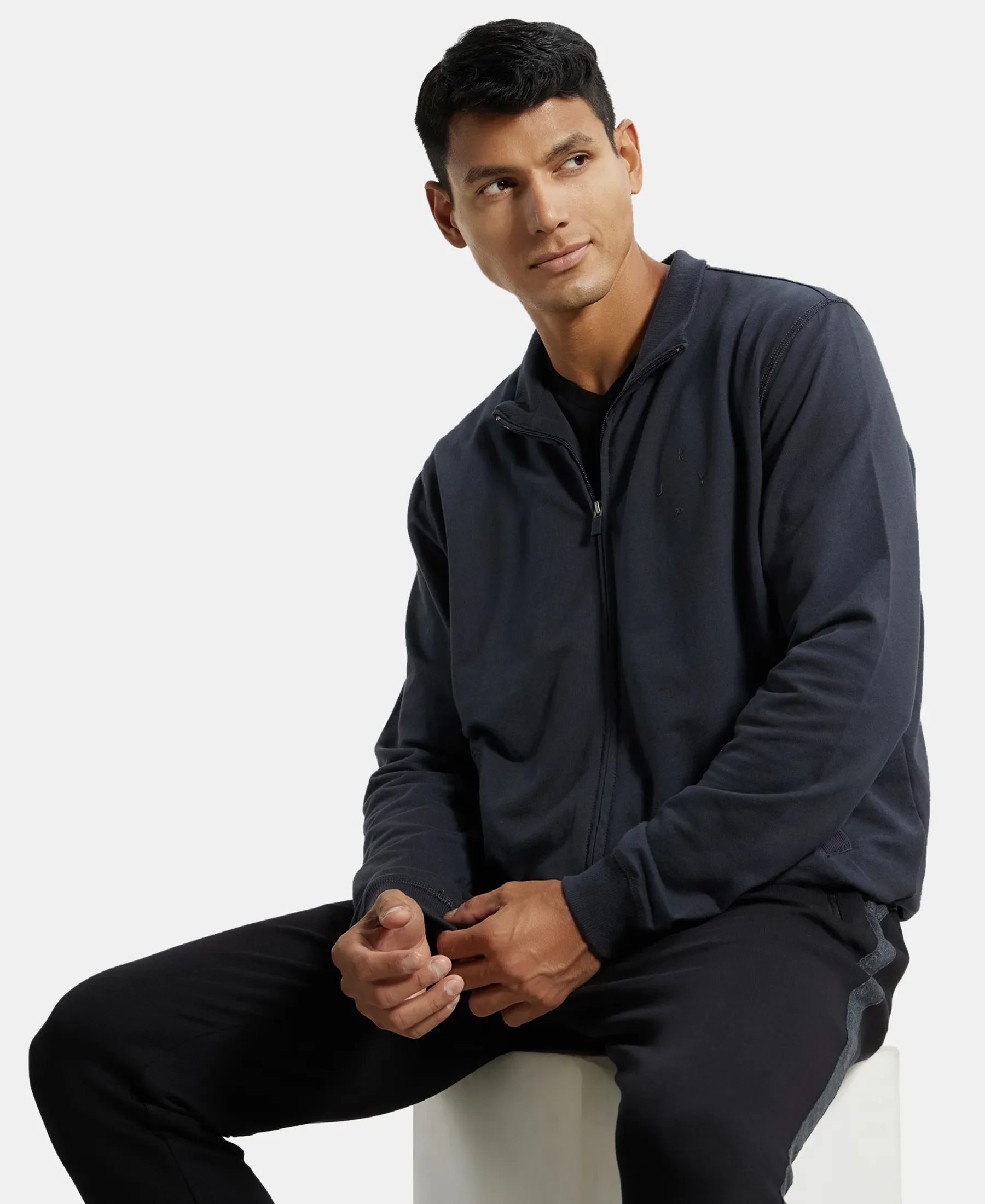 Super Combed Cotton French Terry Jacket with Ribbed Cuffs - Graphite - Image 6