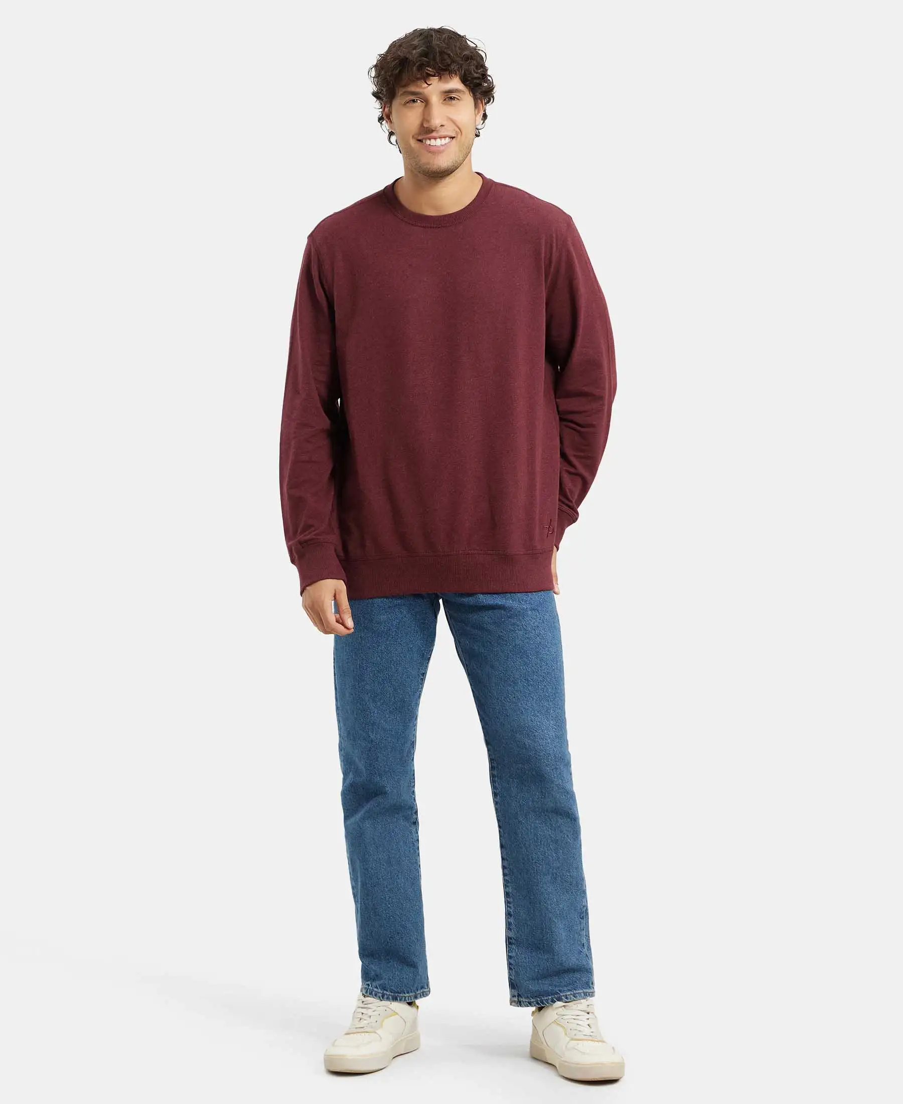 Super Combed Cotton French Terry Solid Sweatshirt with Ribbed Cuffs - Burgundy - Image 4