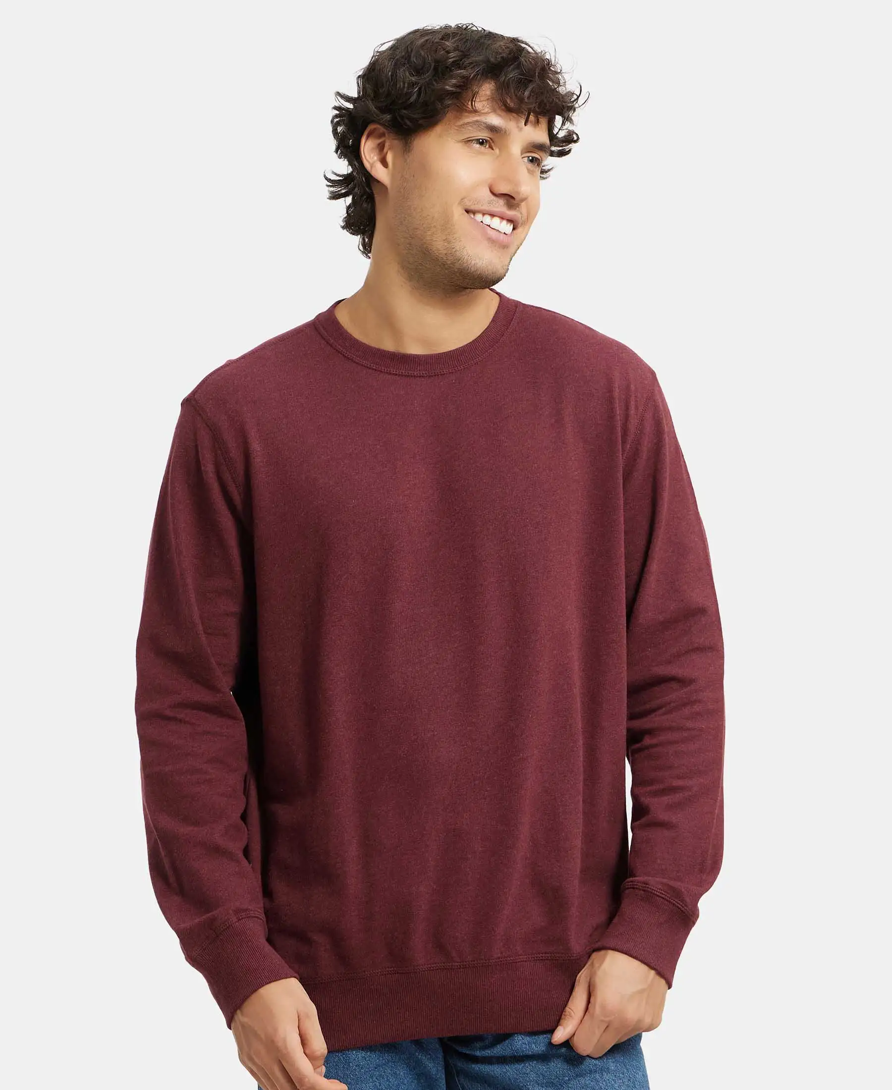 Super Combed Cotton French Terry Solid Sweatshirt with Ribbed Cuffs - Burgundy - Image 5