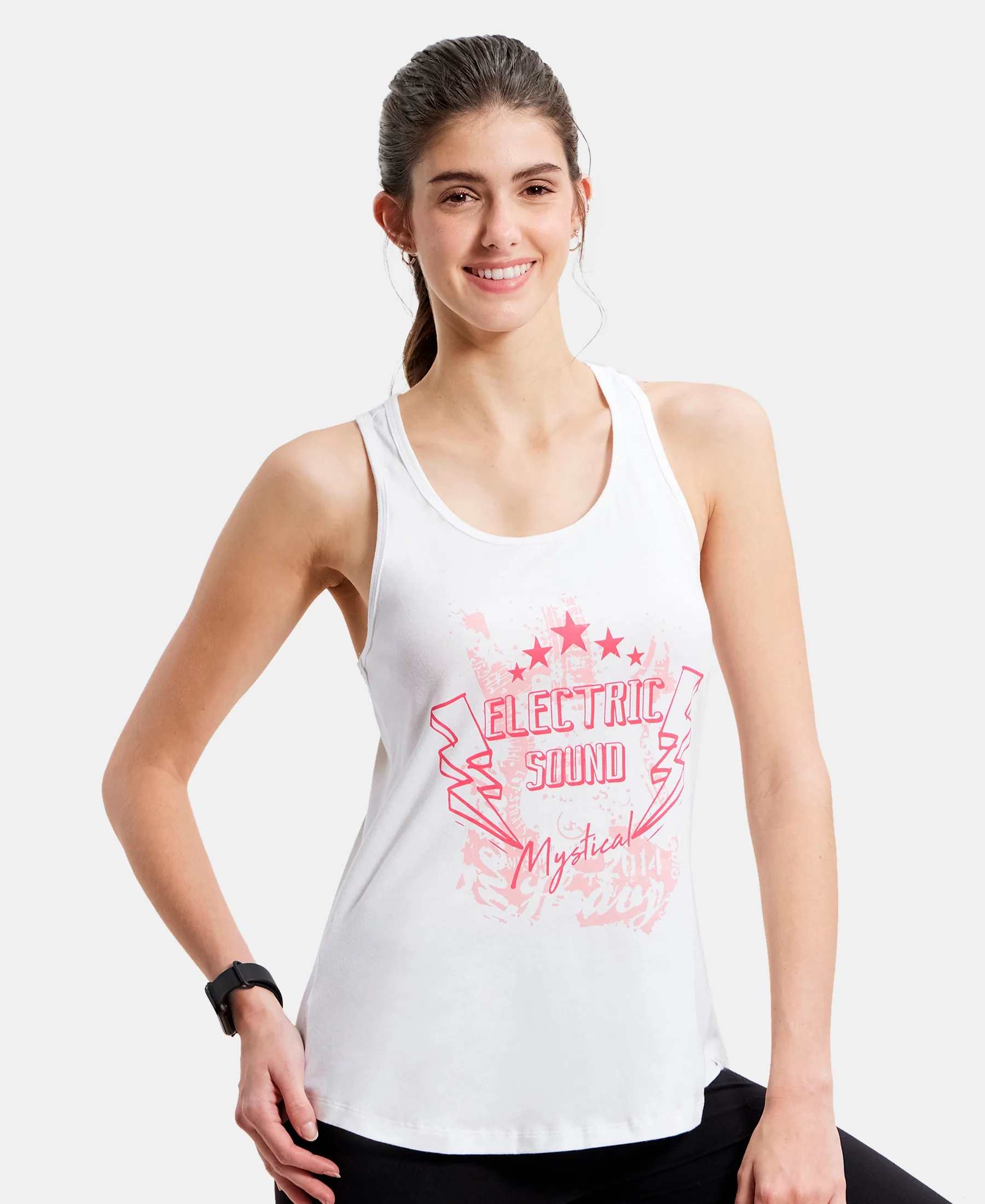Super Combed Cotton Graphic Printed Racerback Styled Tank Top - White - Image 5