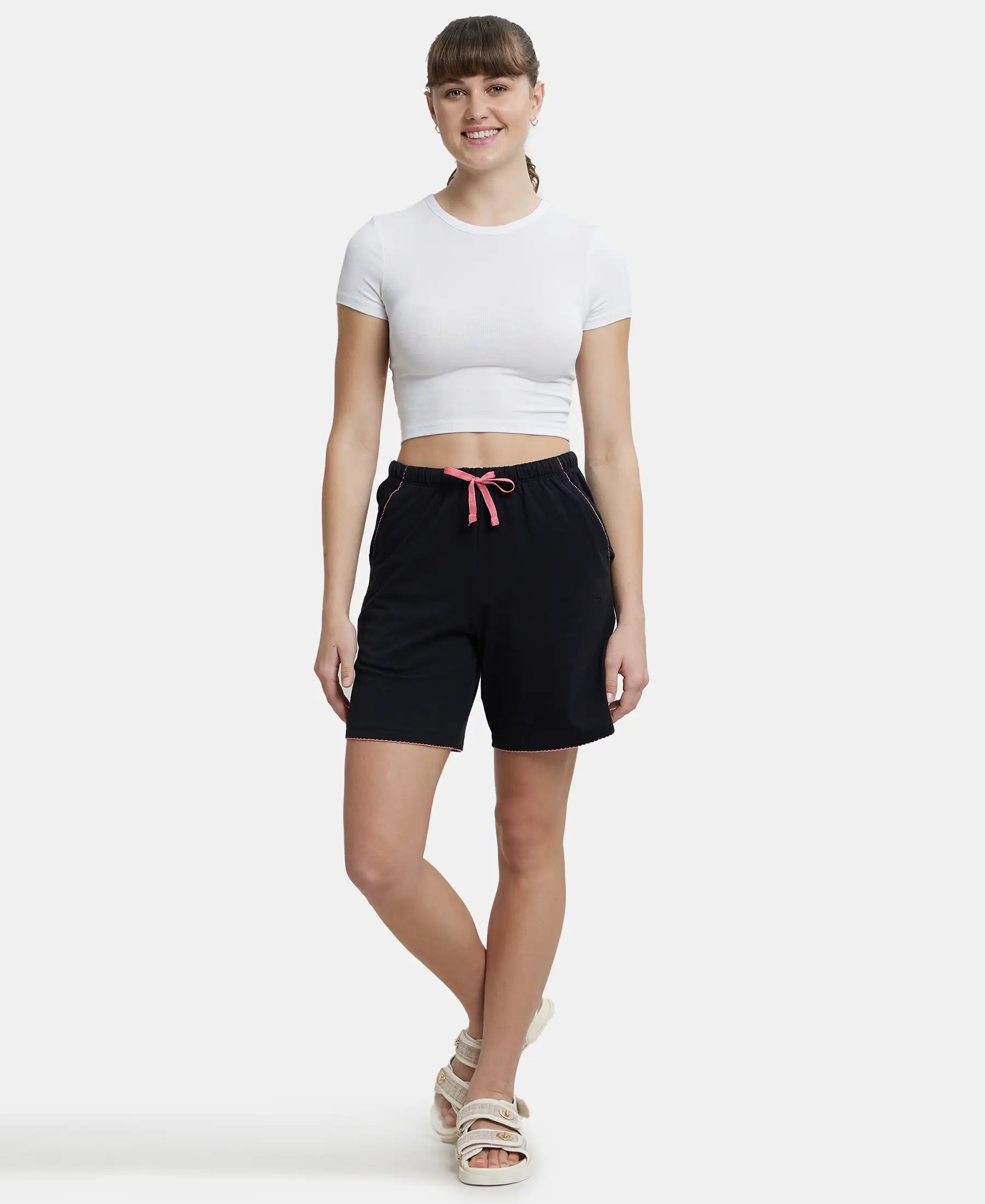 Super Combed Cotton Relaxed Fit Sleep Shorts with Convenient Side Pockets - Black - Image 4