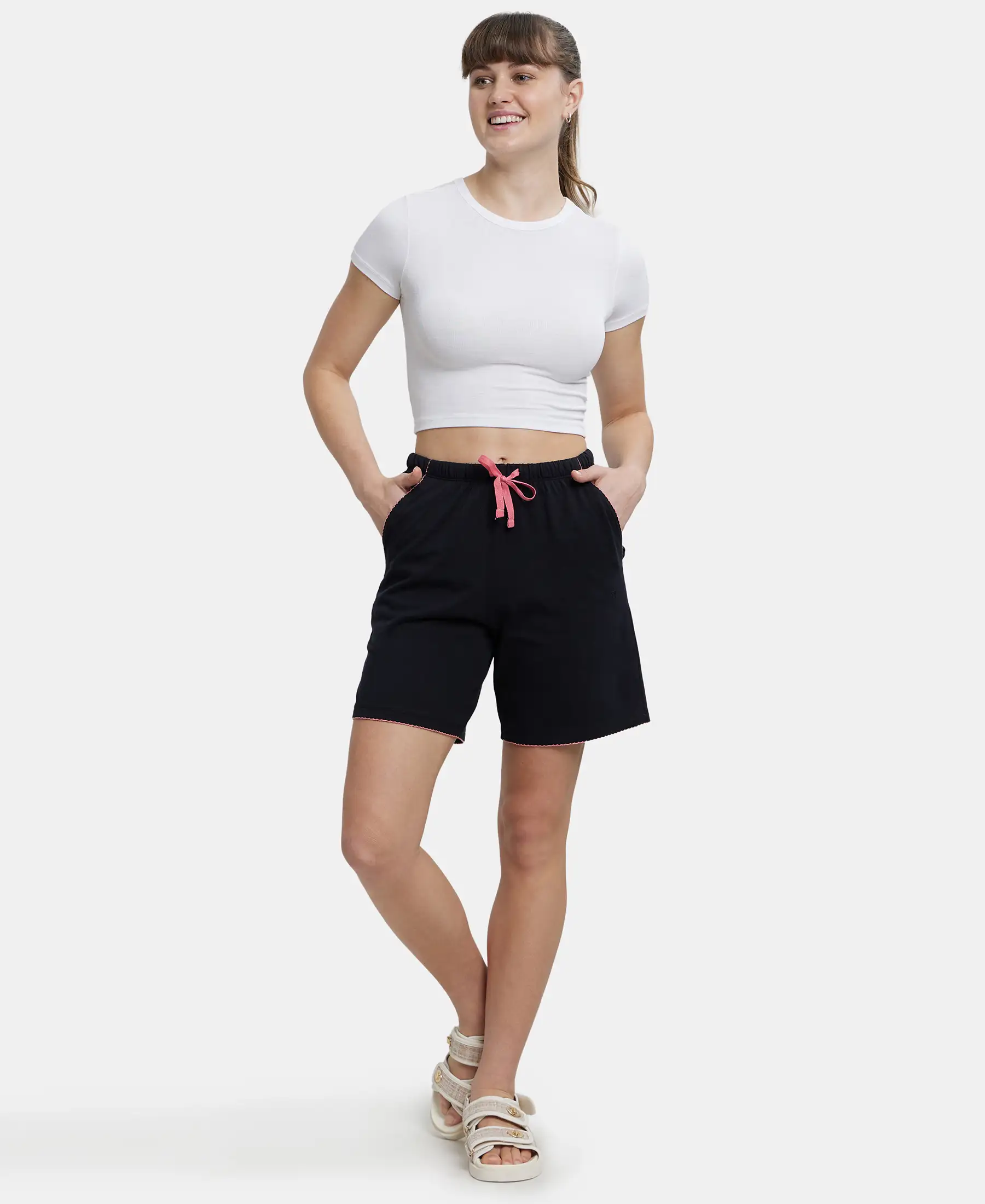 Super Combed Cotton Relaxed Fit Sleep Shorts with Convenient Side Pockets - Black - Image 6