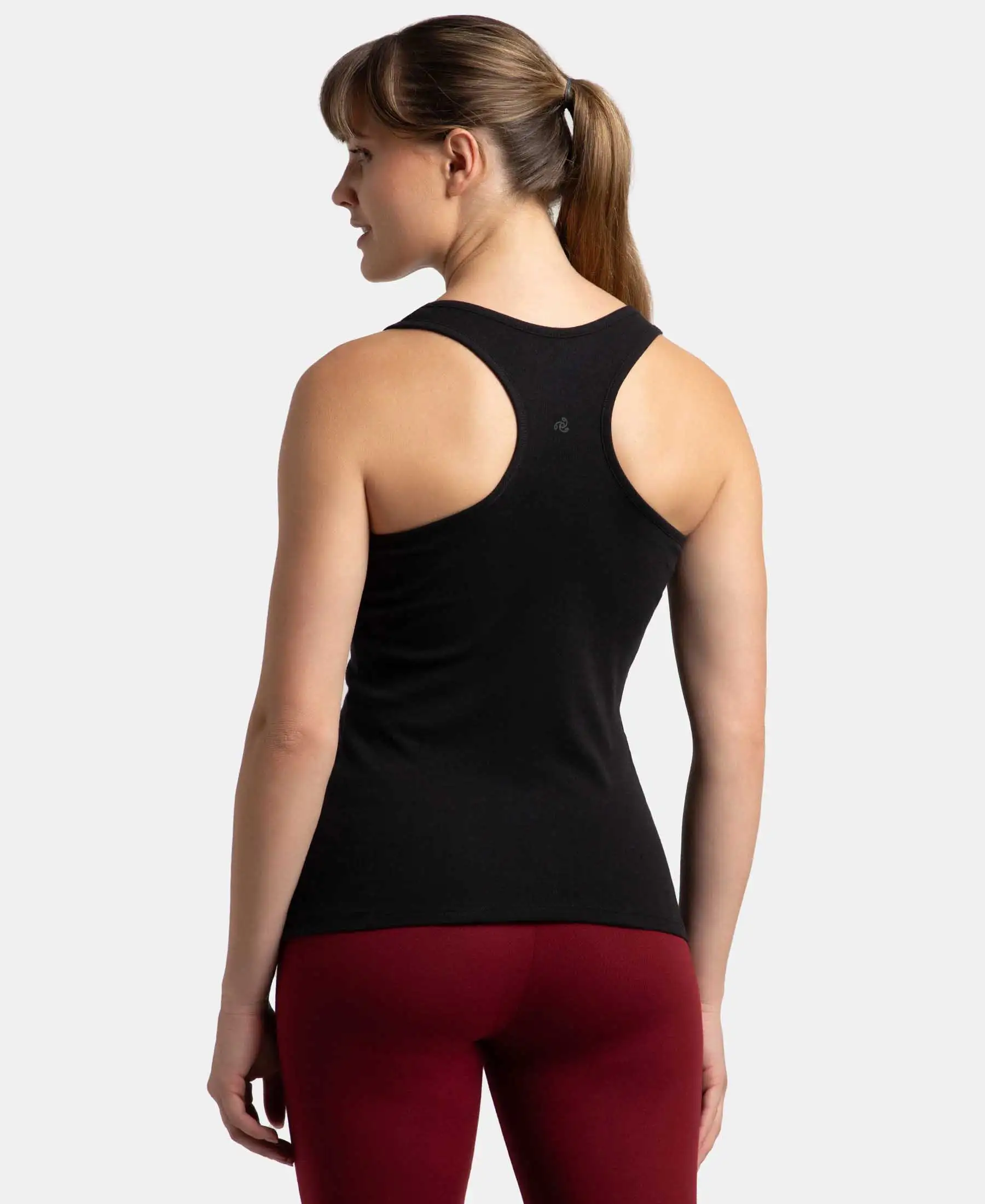 Super Combed Cotton Rib Fabric Slim Fit Solid Racerback Styled Tank Top - Black - Image 3