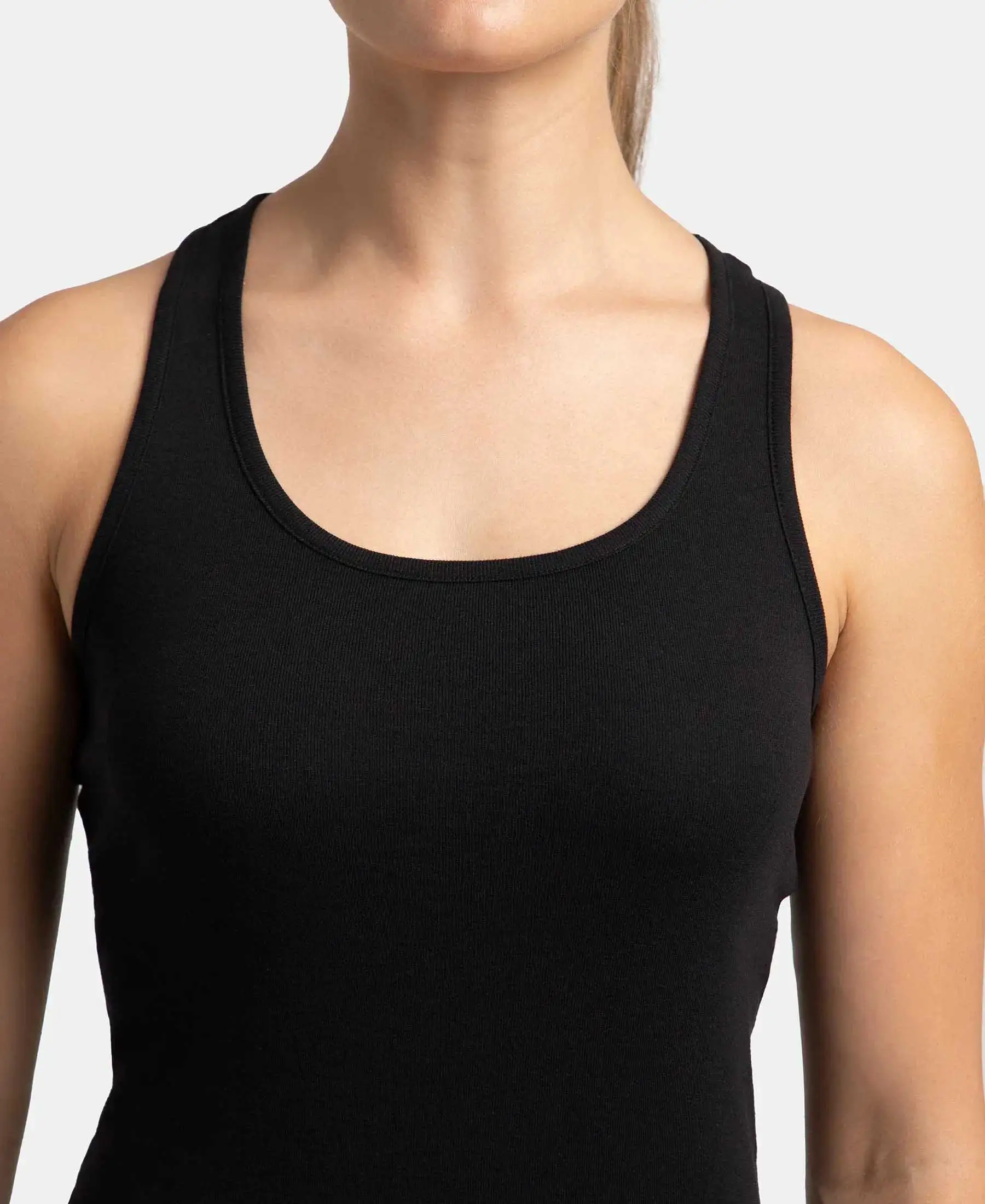 Super Combed Cotton Rib Fabric Slim Fit Solid Racerback Styled Tank Top - Black - Image 6