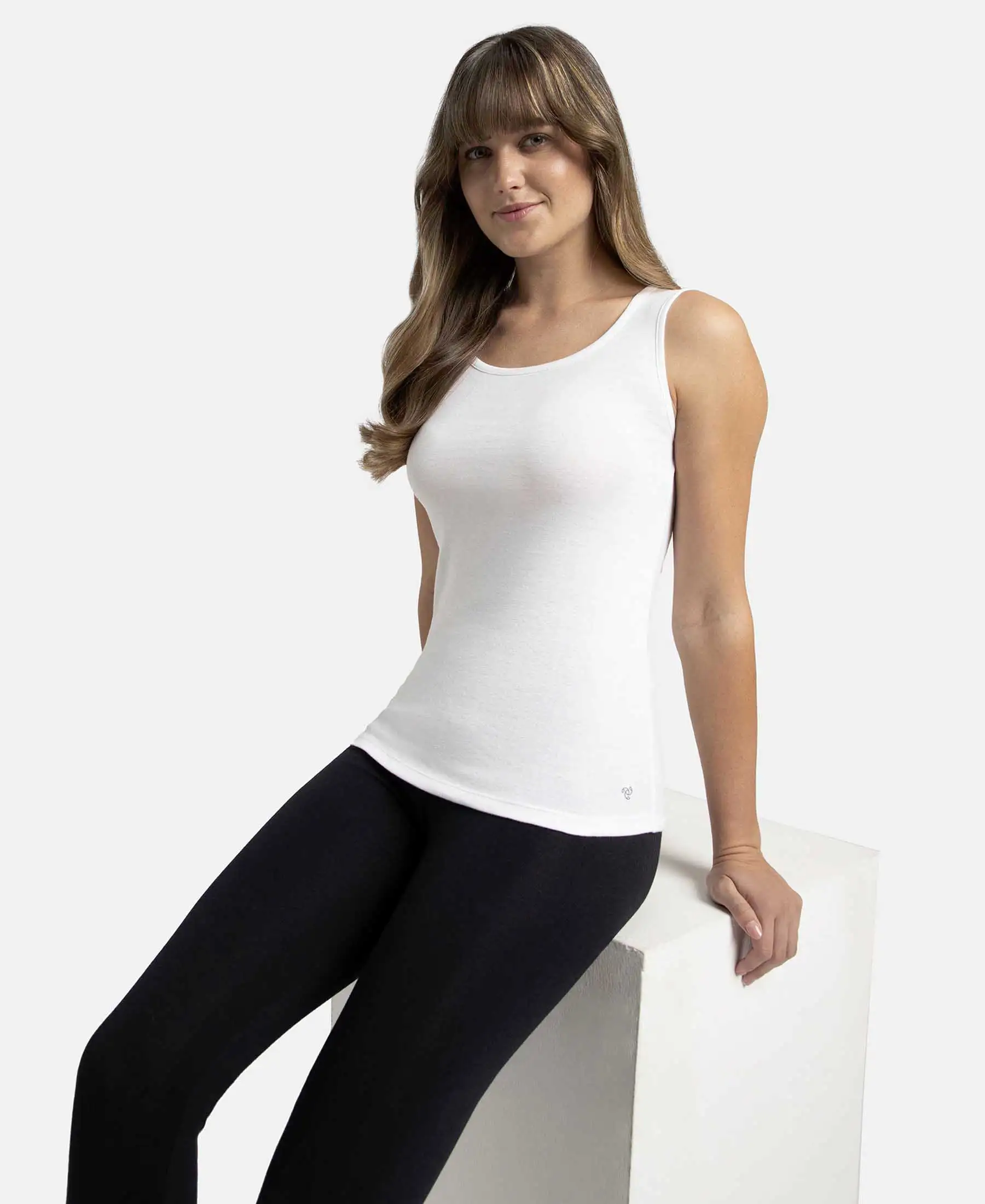 Super Combed Cotton Rib Fabric Slim Fit Solid Tank Top - White - Image 5