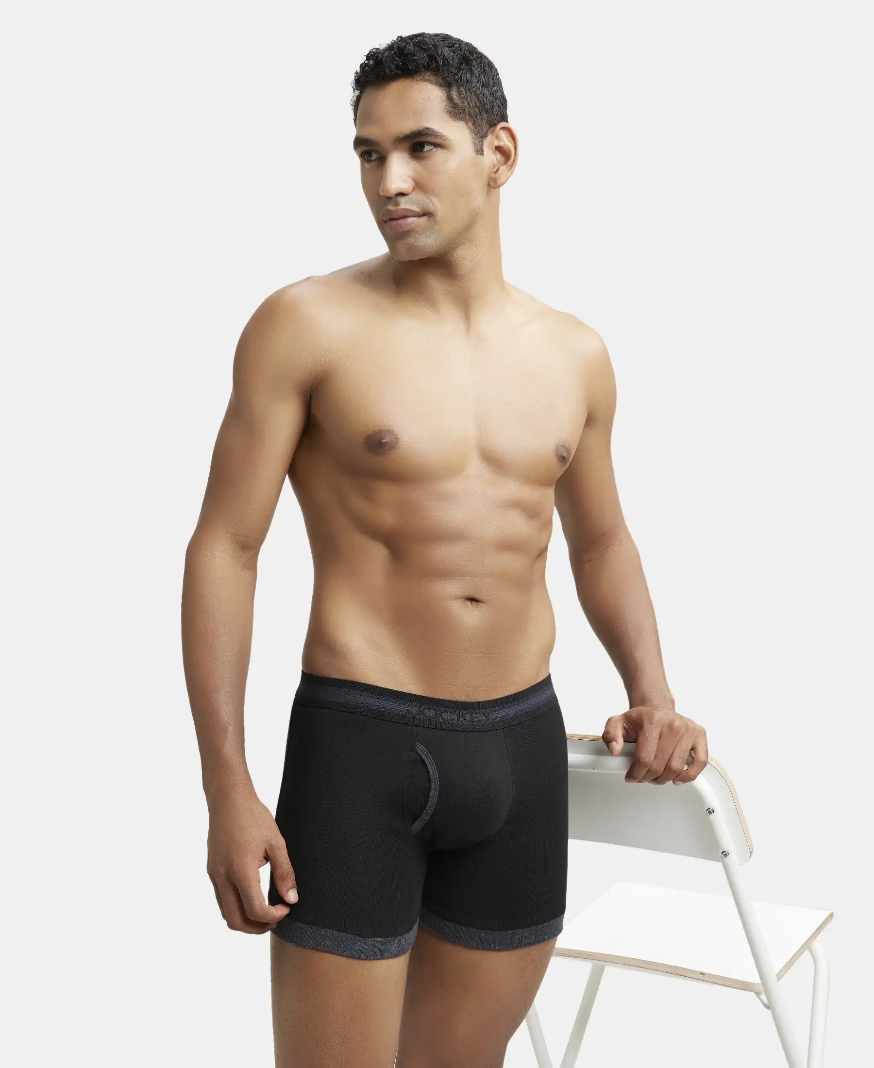 Super Combed Cotton Rib Solid Boxer Brief with StayFresh Treatment - Black & Black Melange (Pack of 2) - Image 6