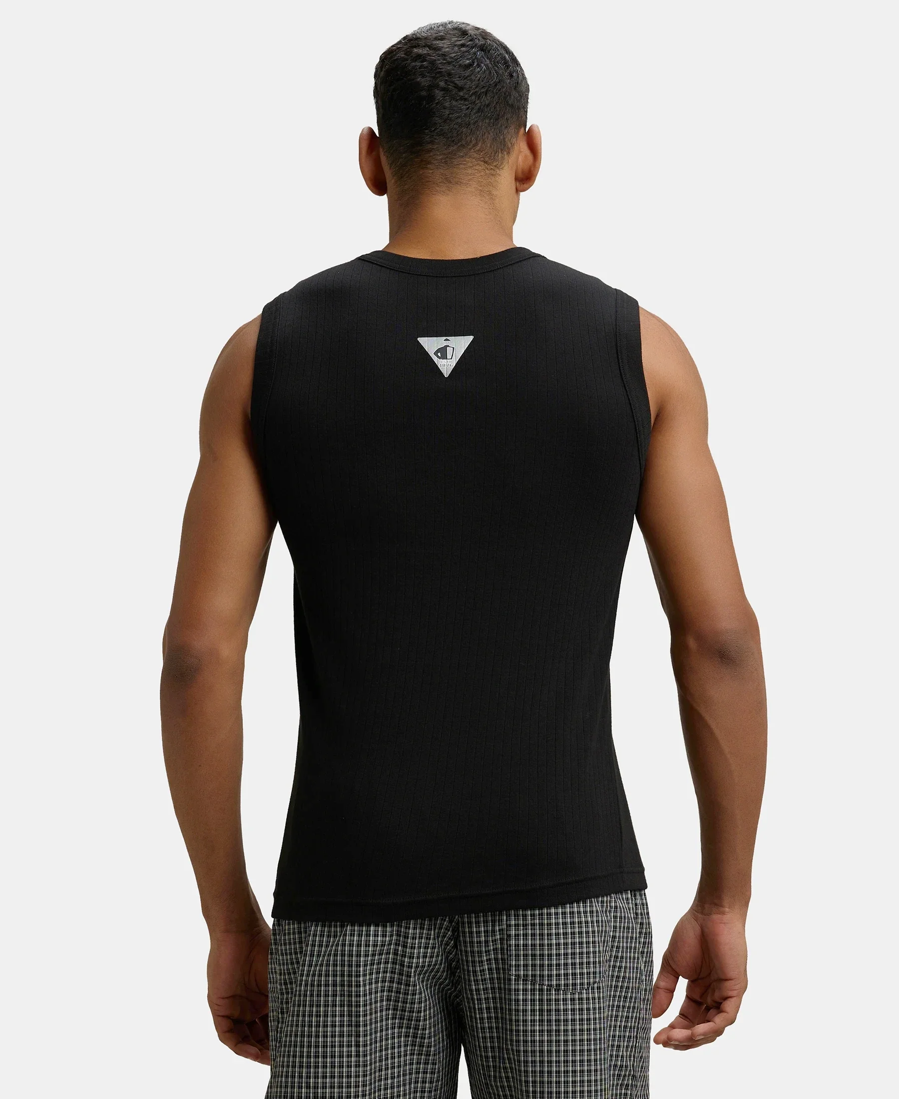 Super Combed Cotton Rib Solid Round Neck Muscle Vest - Black - Image 3