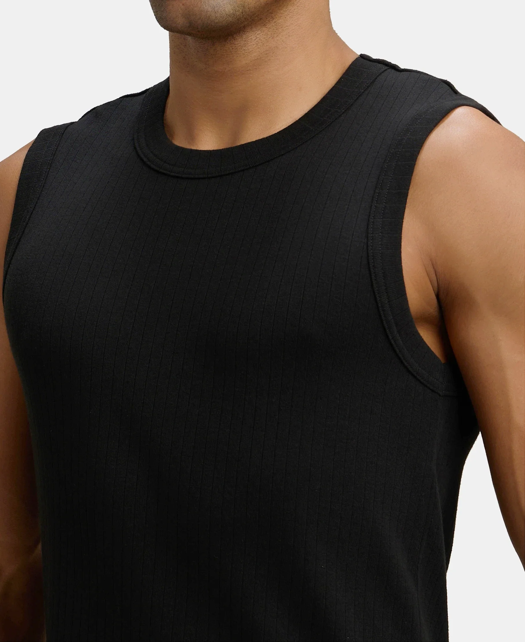 Super Combed Cotton Rib Solid Round Neck Muscle Vest - Black - Image 7