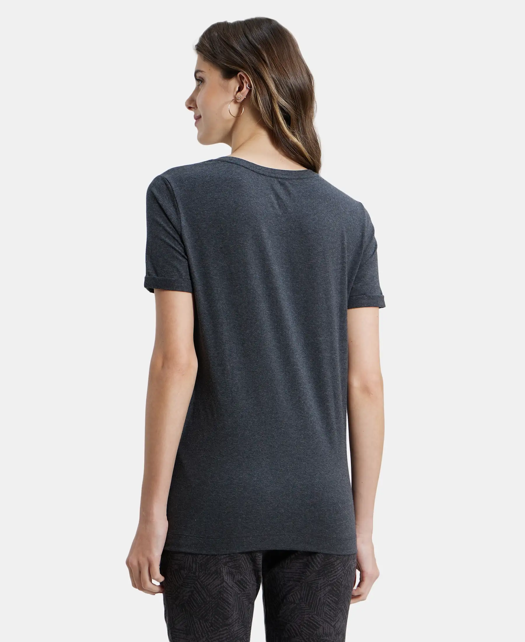 Super Combed Cotton Rich Elastane Stretch Relaxed Fit Graphic Printed Round Neck Half Sleeve T-Shirt - Black Melange - Image 3